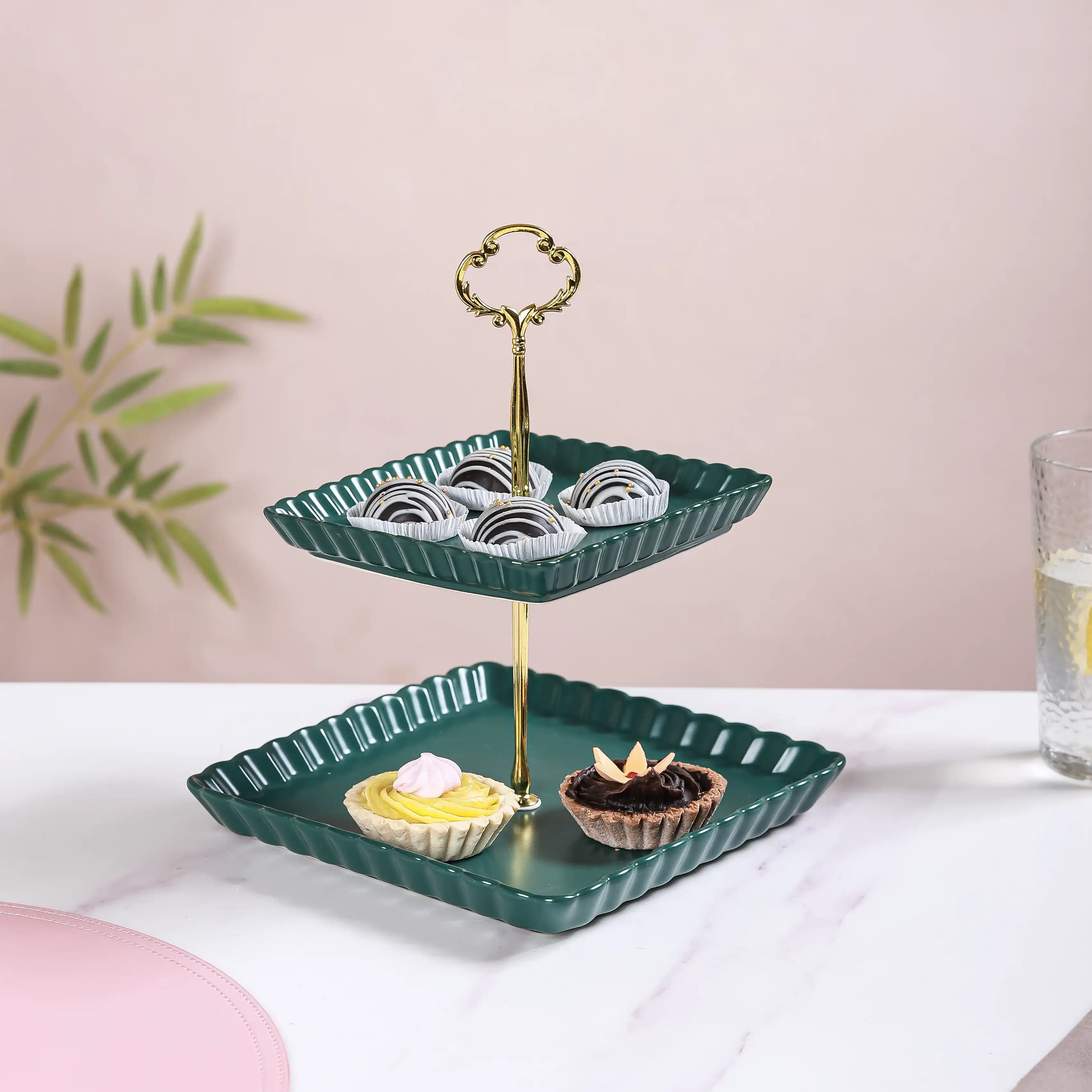 2-Tier Square Ceramic Snack Stand Green - Image 2