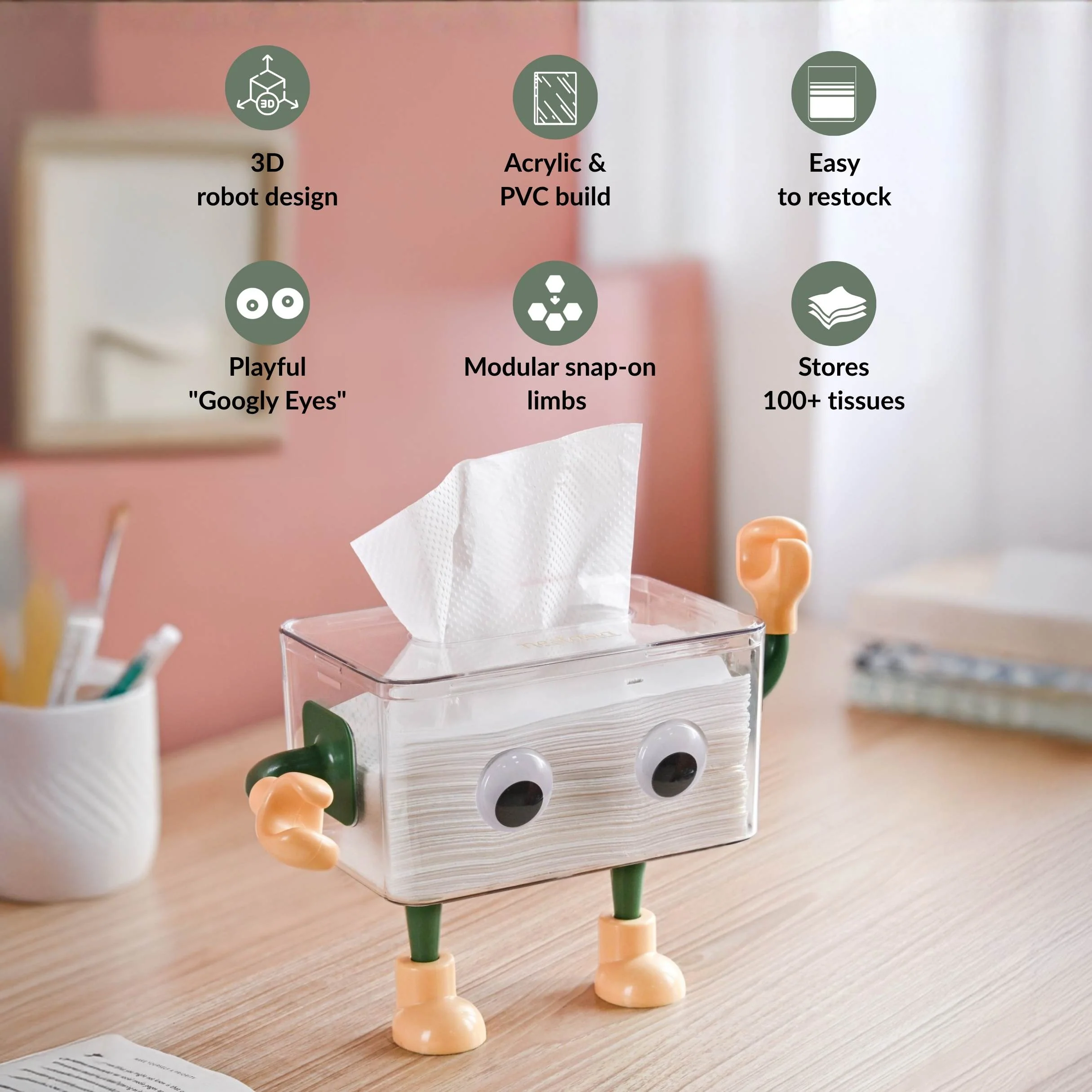 3D Cartoon Robot Tissue Box Green - Image 2