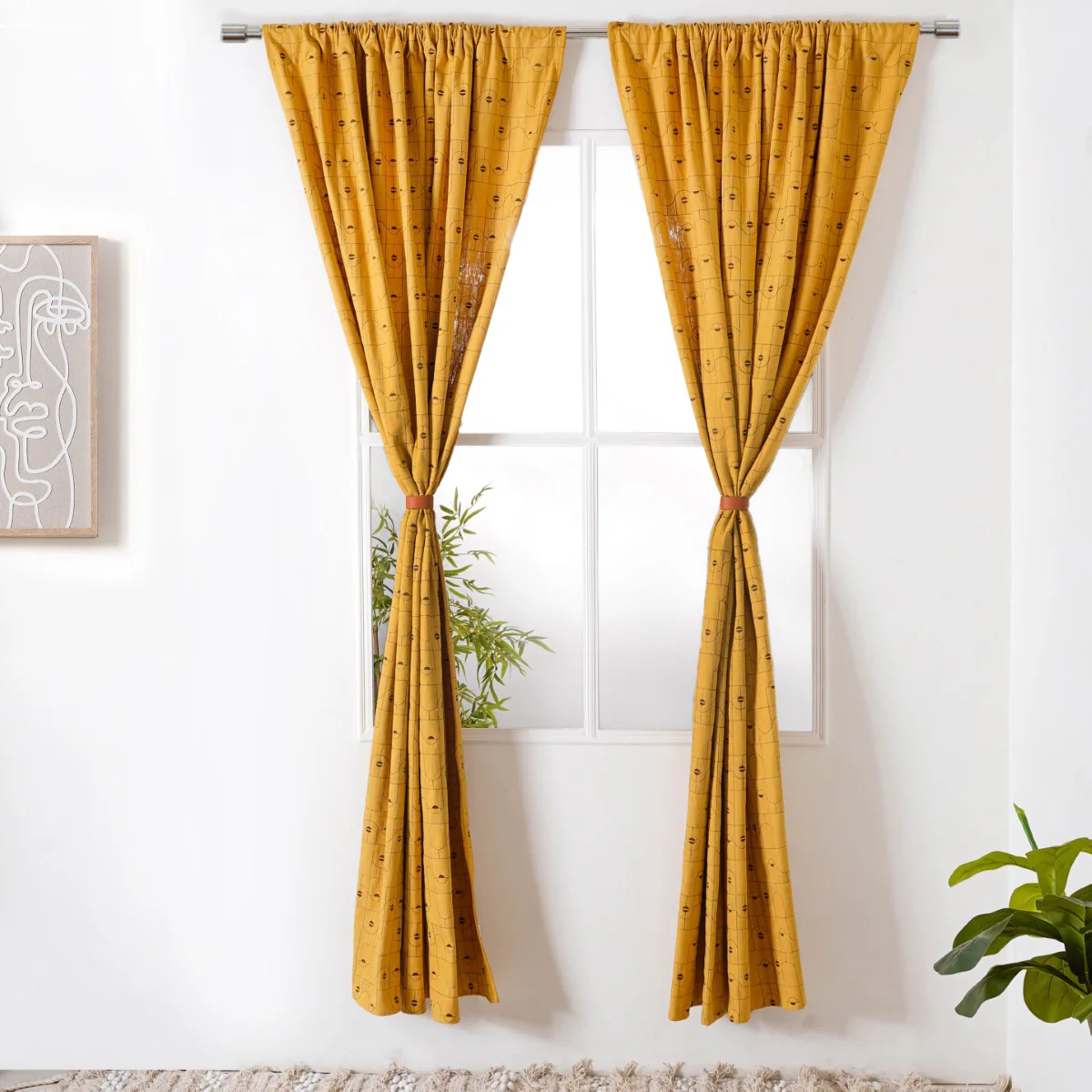Abstract Embroidered Curtains For Living Room Set Of 2 Mustard 84x54 Inch - Image 7