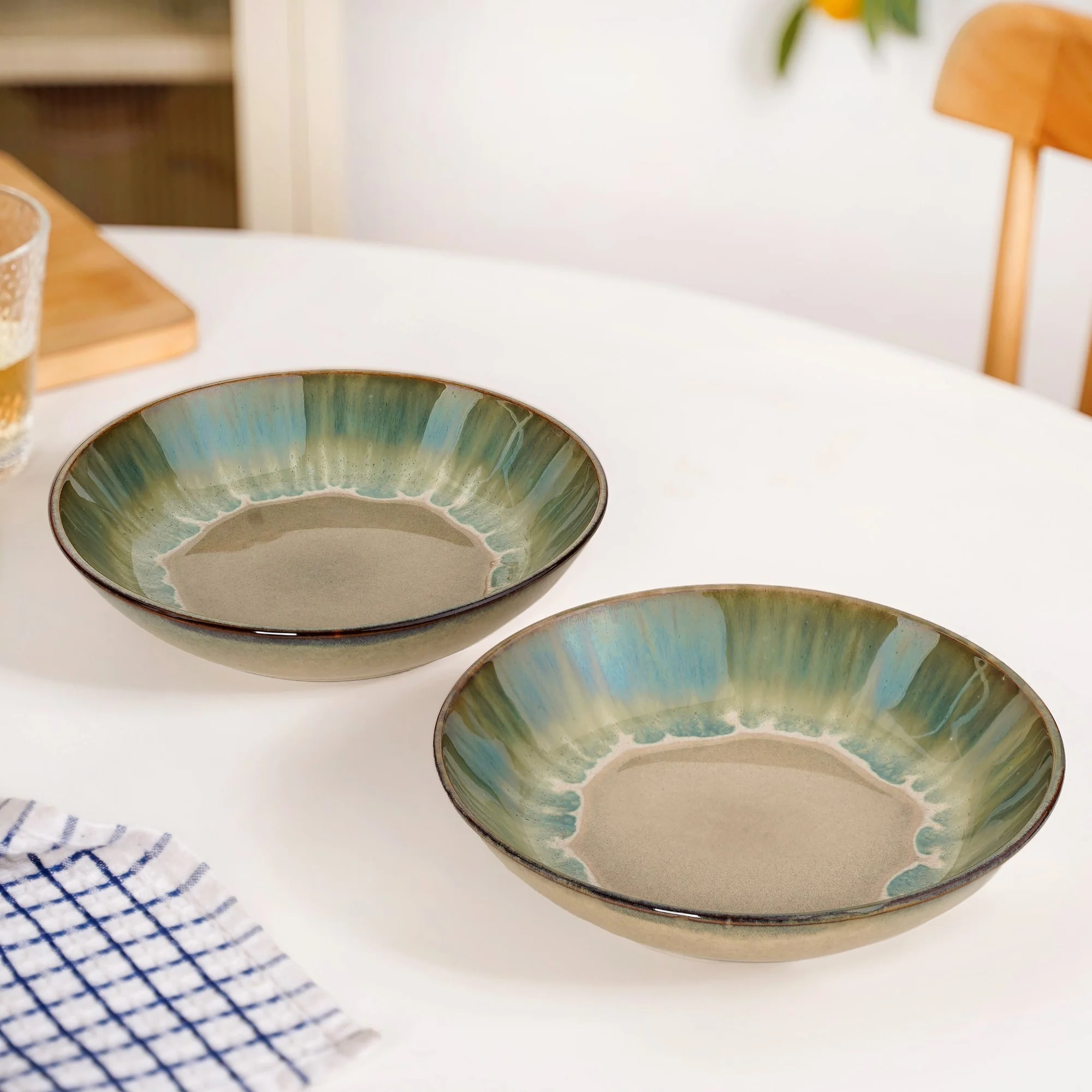 Abstract Ombre Green Ceramic Salad Bowl Set Of 2 650ml