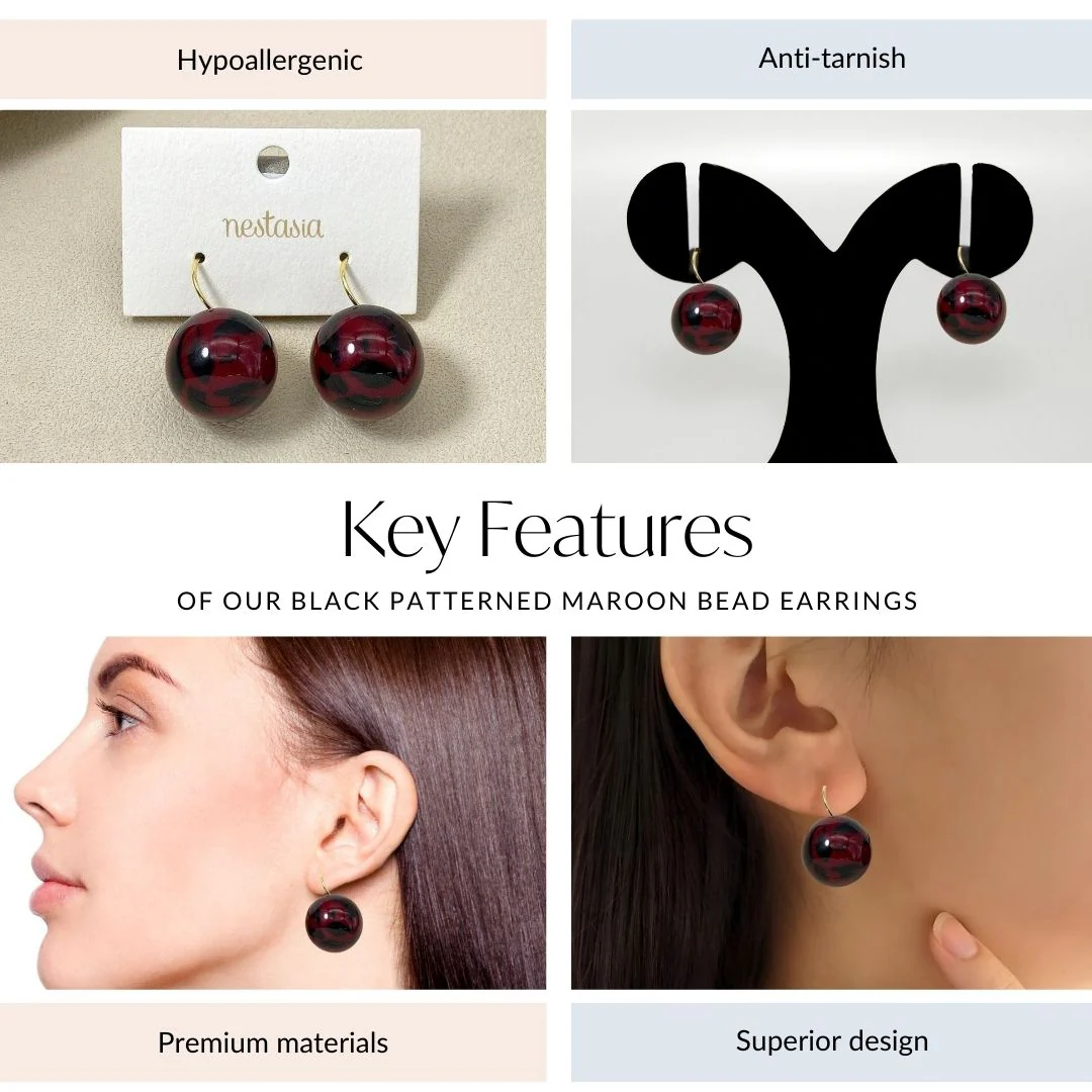 Abstract Patterned Maroon Bead Earrings - Image 4