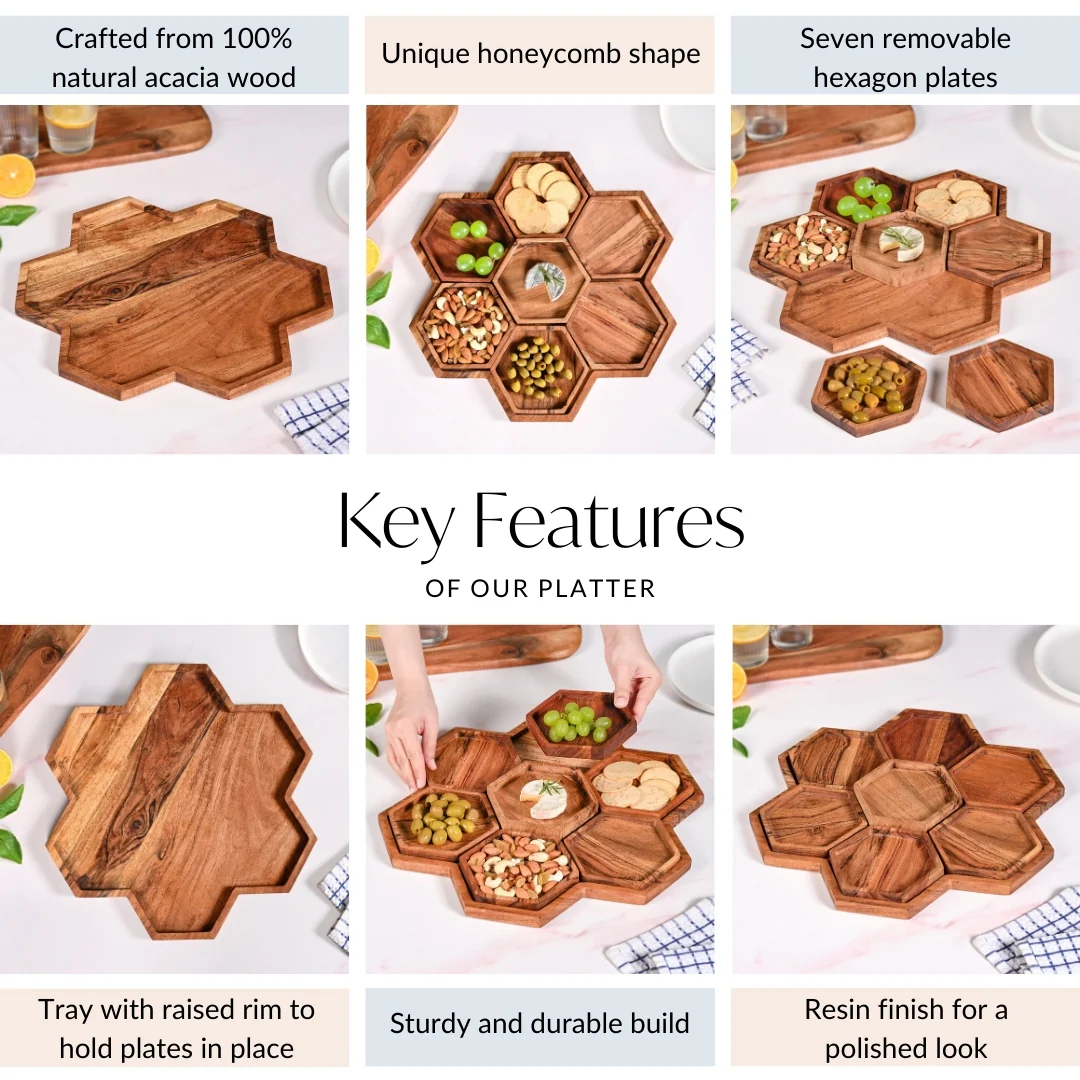 Acacia Honeycomb Wooden Platter Set of 8 For Party 38x38cm - Image 5