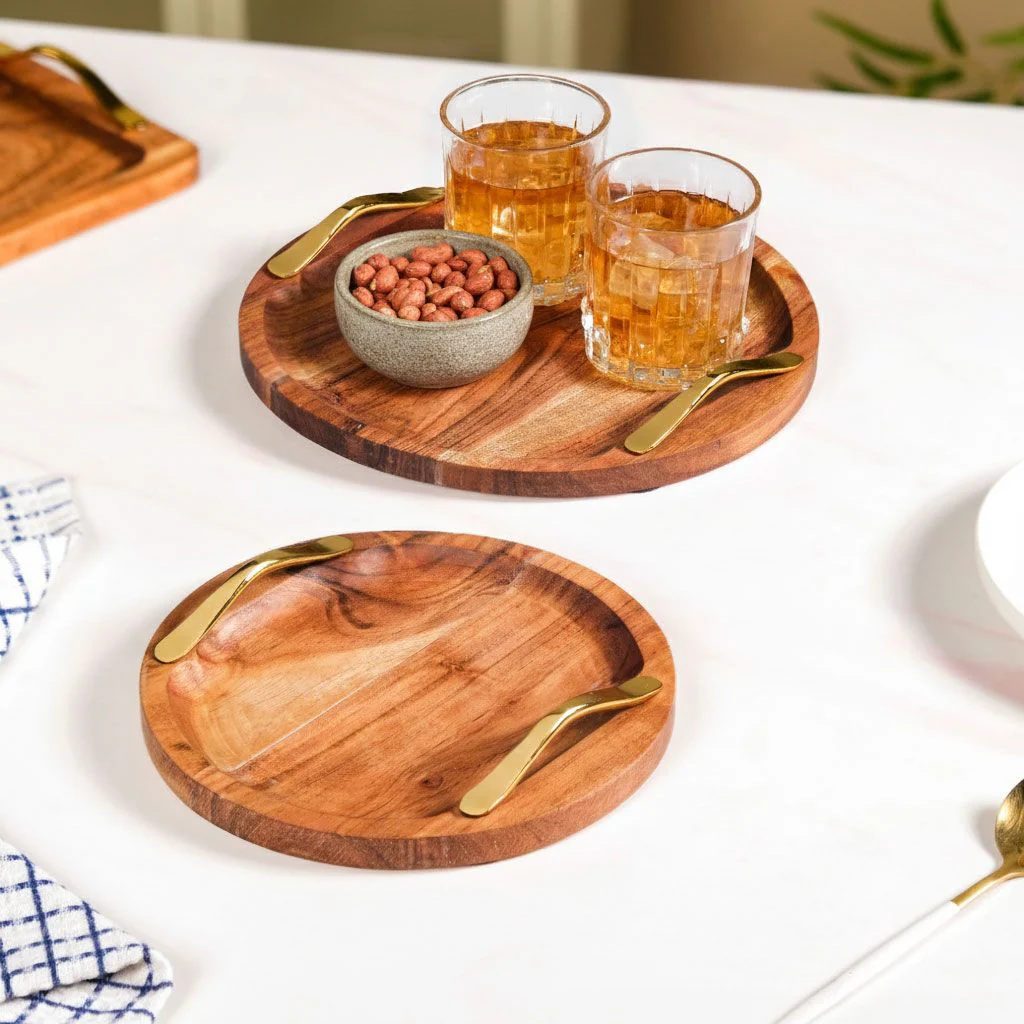 Acacia Round Serving Tray With Golden Handles Set Of 2