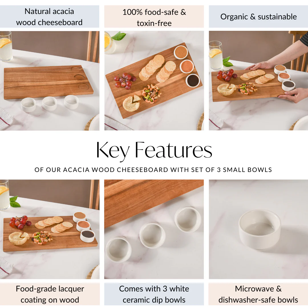 Acacia Wood Cheeseboard With Set Of 3 Small Bowls 50ml - Image 6