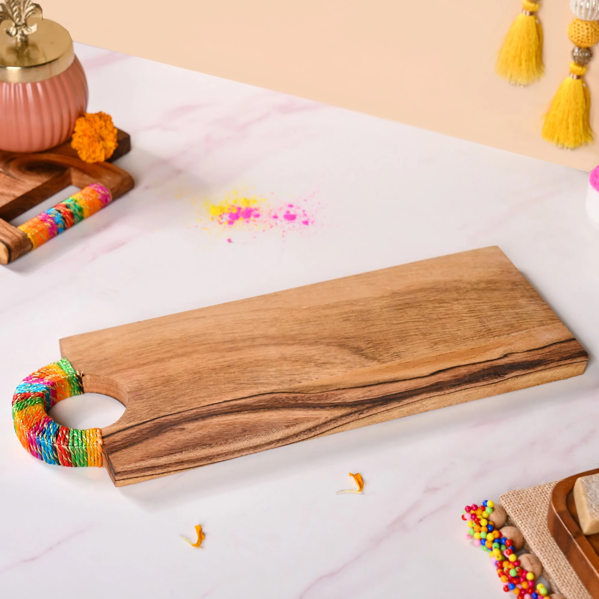 Acacia Wood Serving Platter With Gold Zari Embroidery - Image 2
