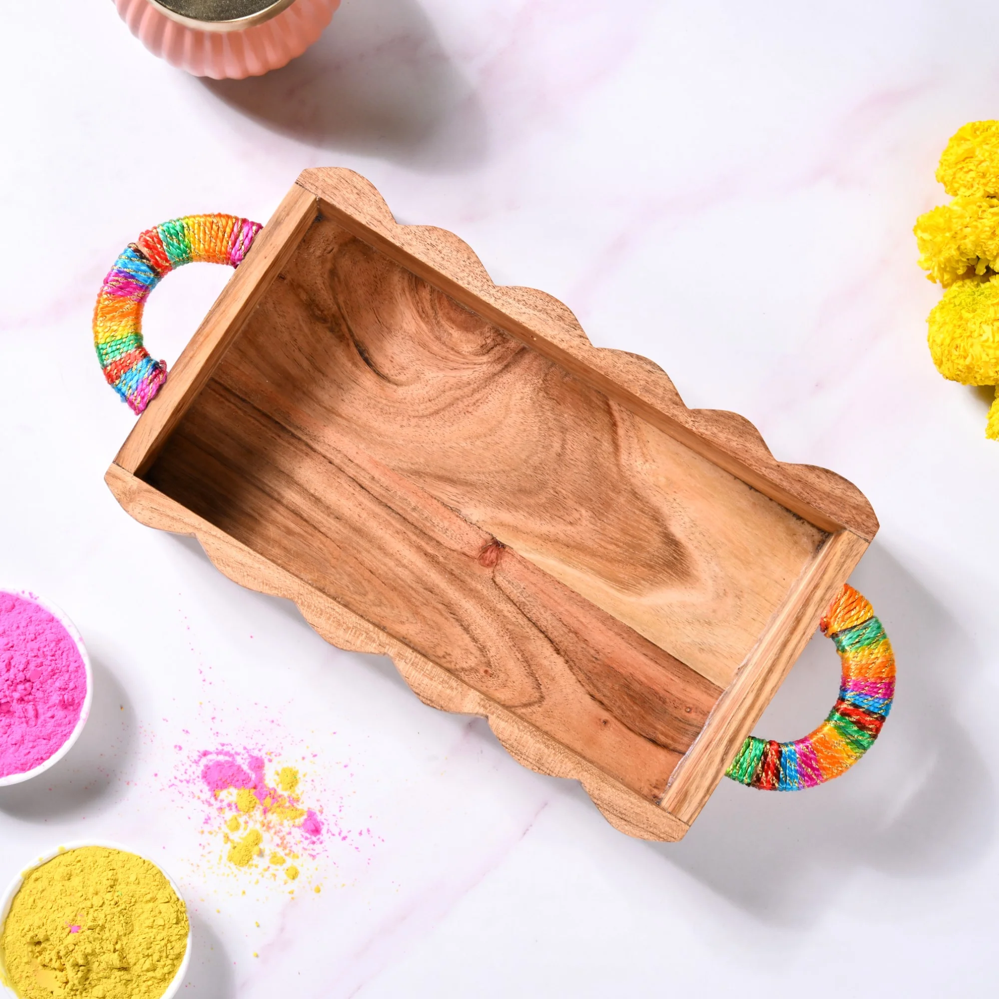 Acacia Wood Serving Tray With Colourful Handles And Gold Zari Work - Image 6
