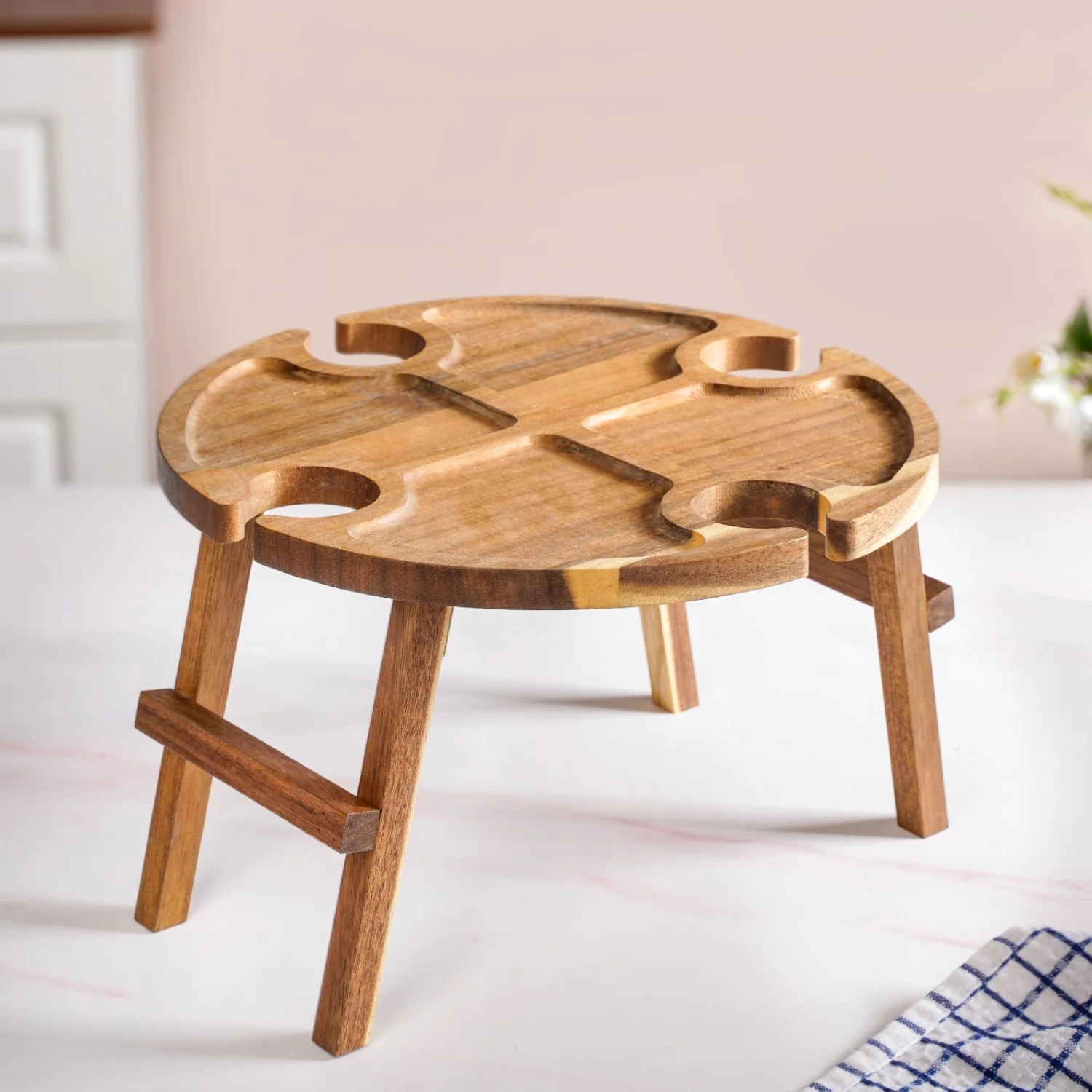 Acacia Wood Wine And Cheese Serving Tray Table - Image 2