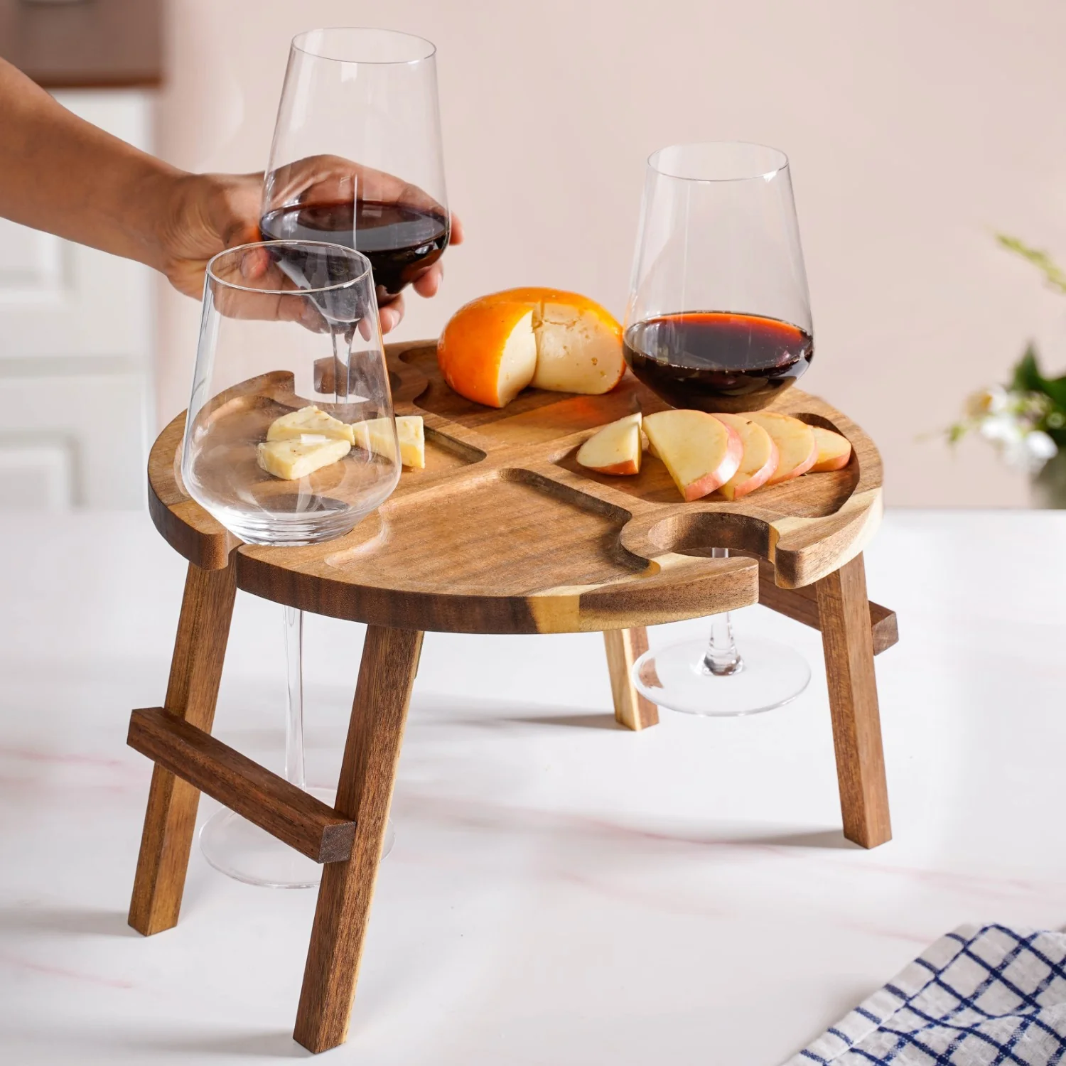 Acacia Wood Wine And Cheese Serving Tray Table - Image 3