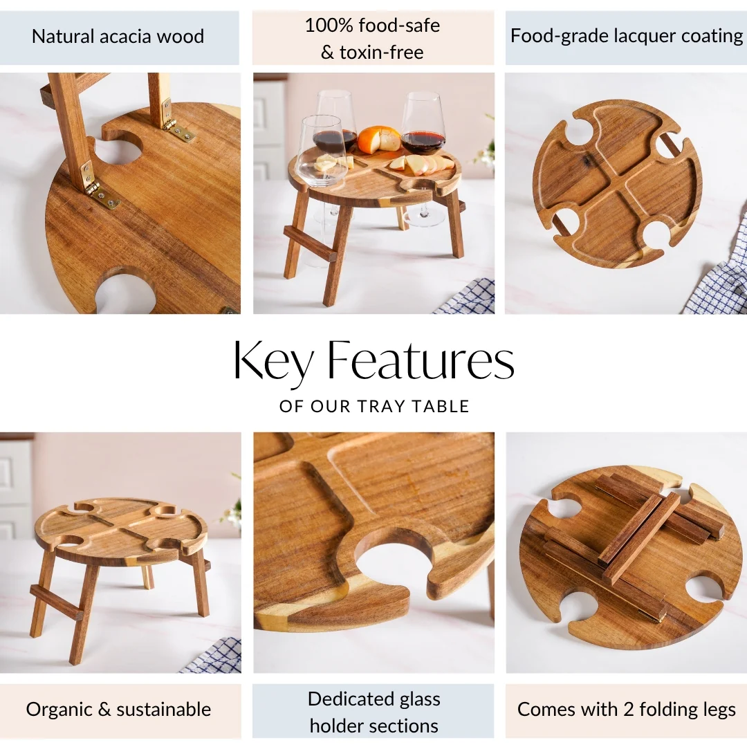 Acacia Wood Wine And Cheese Serving Tray Table - Image 5