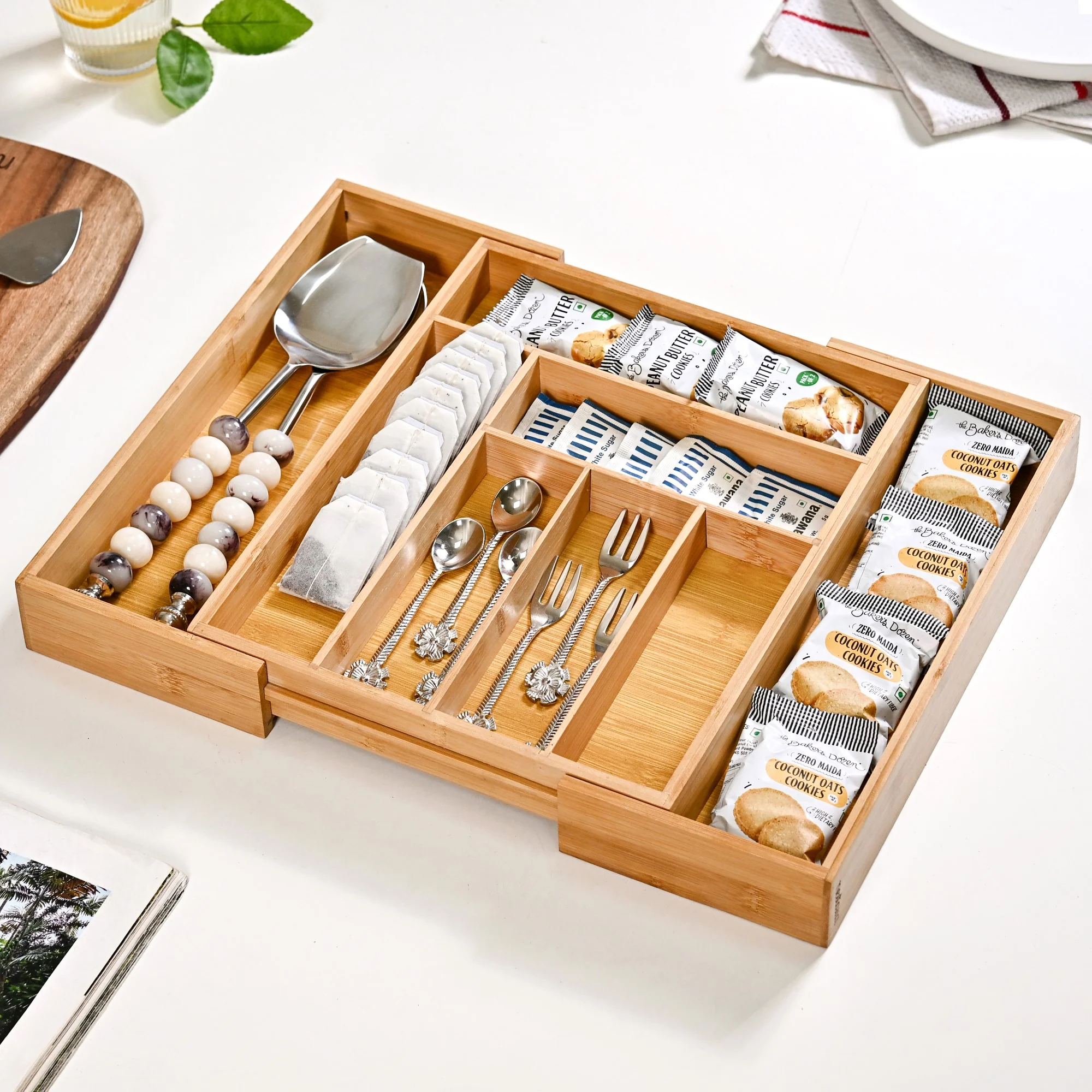 Adjustable Bamboo Kitchen Drawer Organiser For Cutlery - Image 10