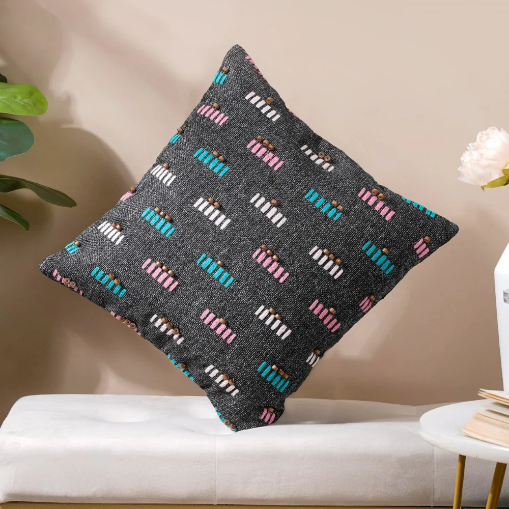Adria Threadwork Beaded Jute Cushion Cover Black 16 x 16 Inch - Image 2