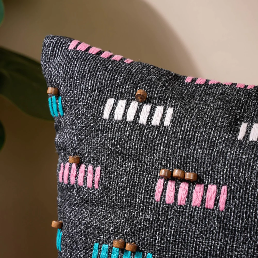 Adria Threadwork Beaded Jute Cushion Cover Black 16 x 16 Inch - Image 3