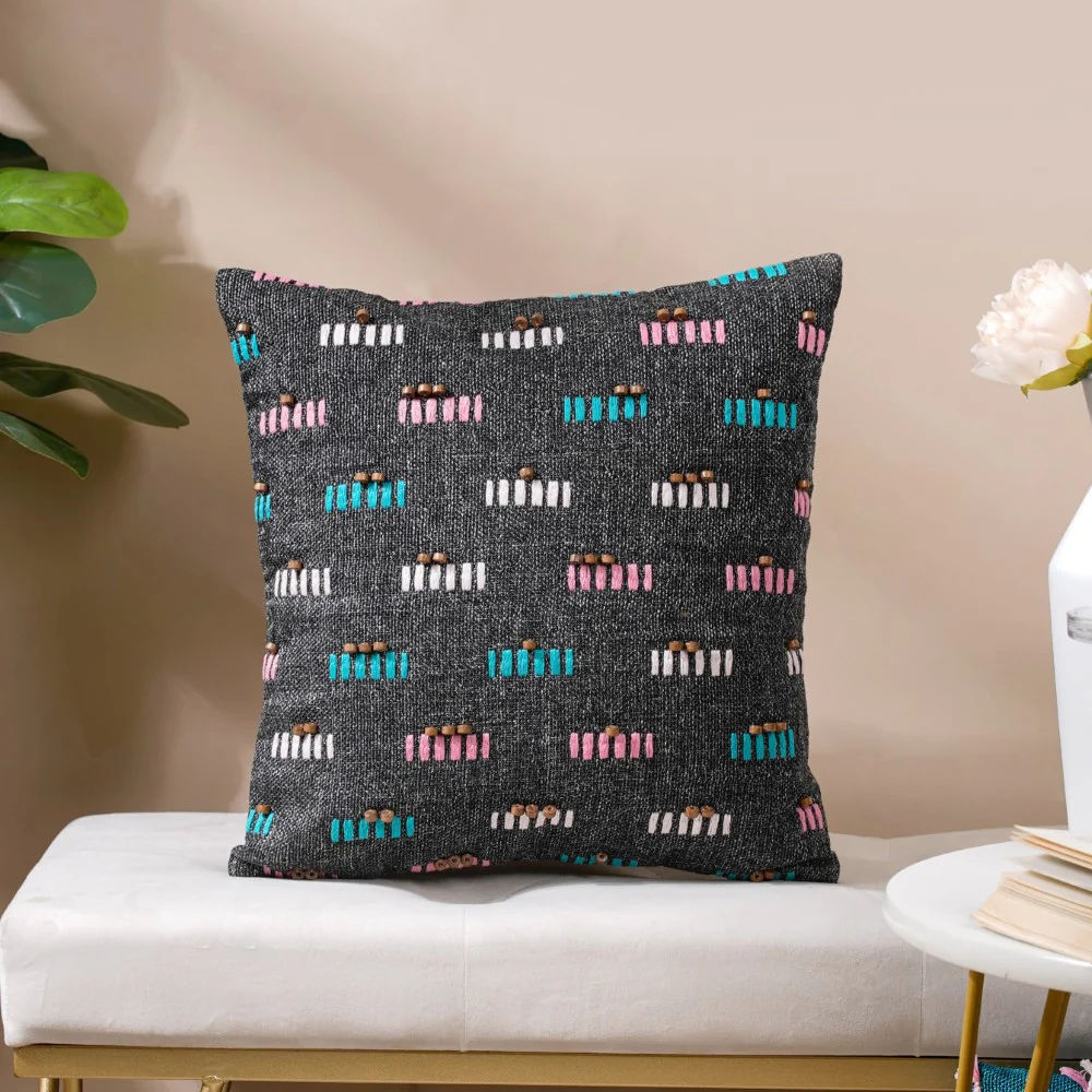 Adria Threadwork Beaded Jute Cushion Cover Black 16 x 16 Inch - Image 4