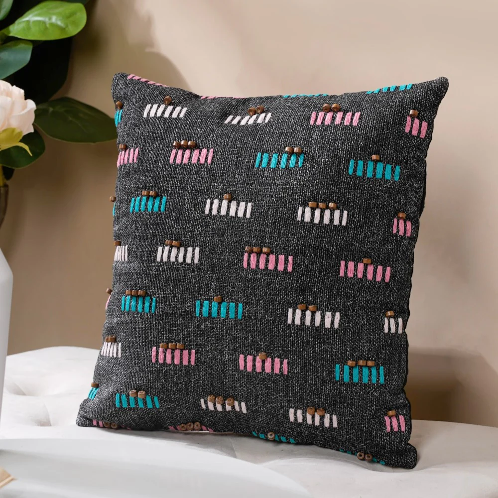 Adria Threadwork Beaded Jute Cushion Cover Black 16 x 16 Inch - Image 6