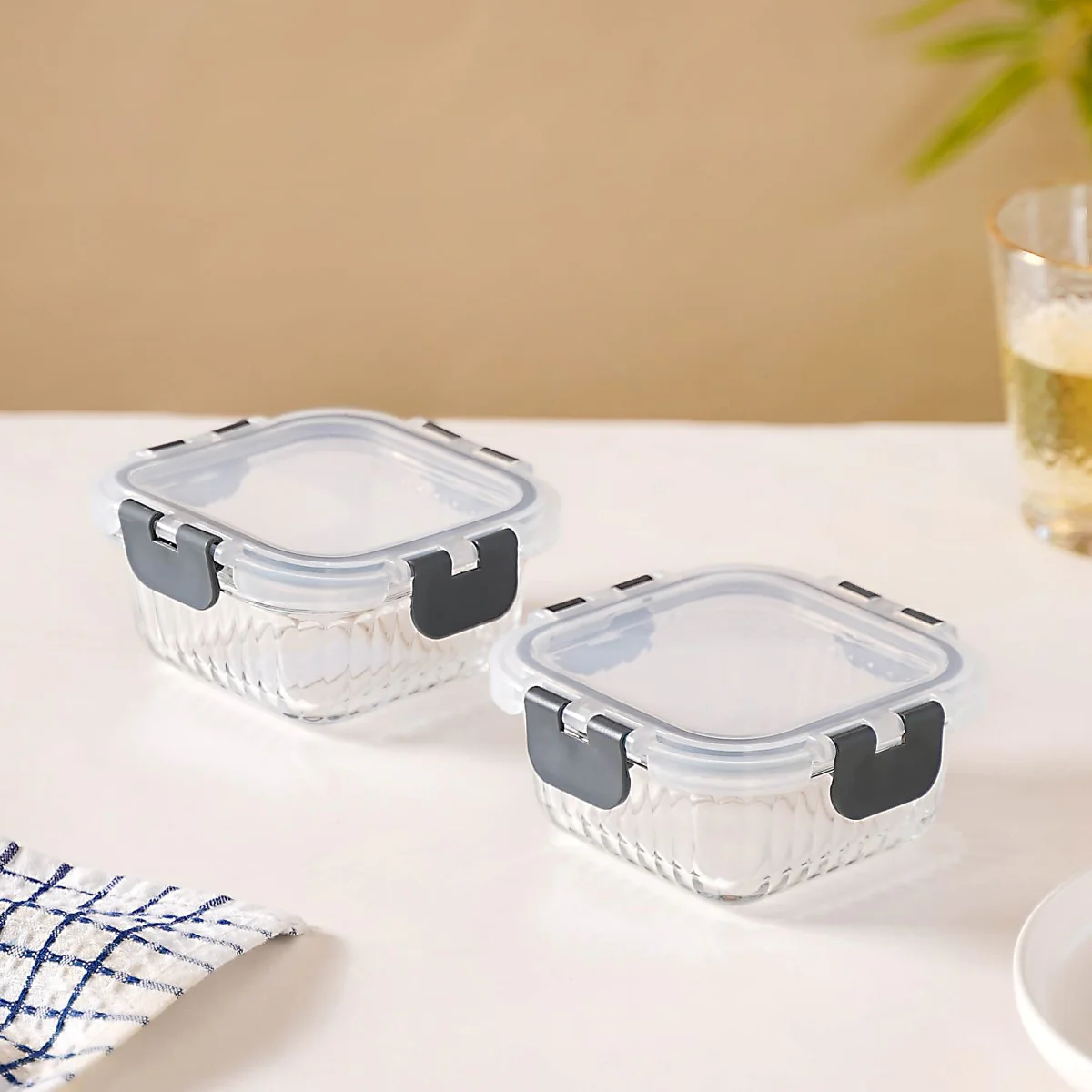 Airtight Glass Food Storage Container Set Of 2 Fluted 300ml - Image 3