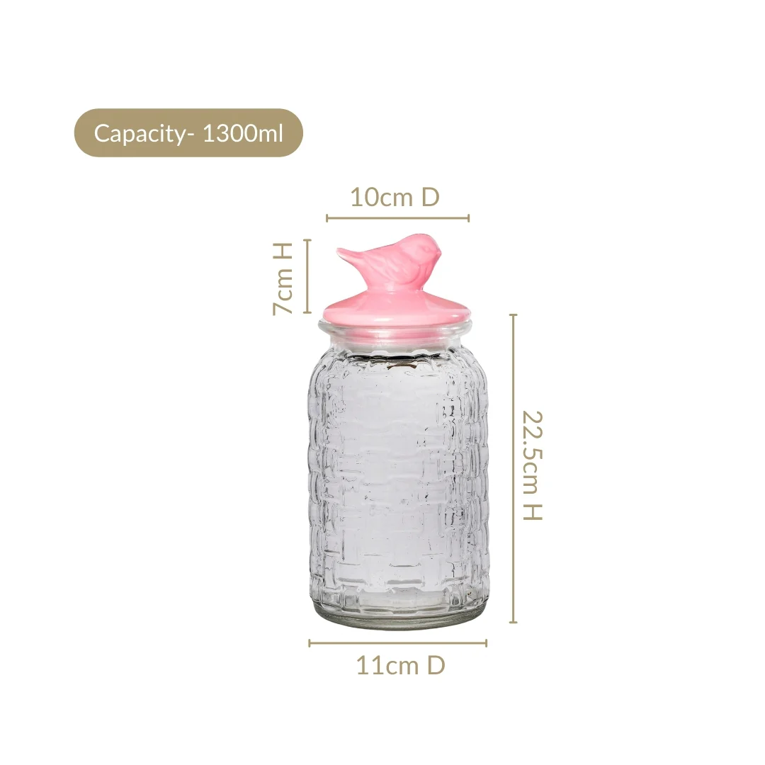 Airtight Glass Jar With Pink Bird Ceramic Lid Set Of 2 1300ml - Image 4