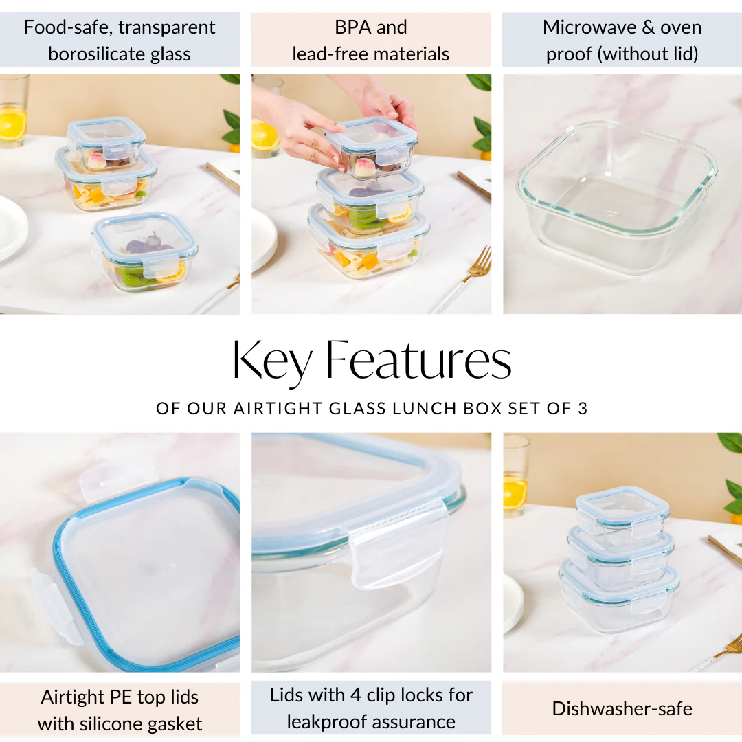 Airtight Glass Lunch Box Set Of 3 S 300ml M 500ml L 800ml - Image 6