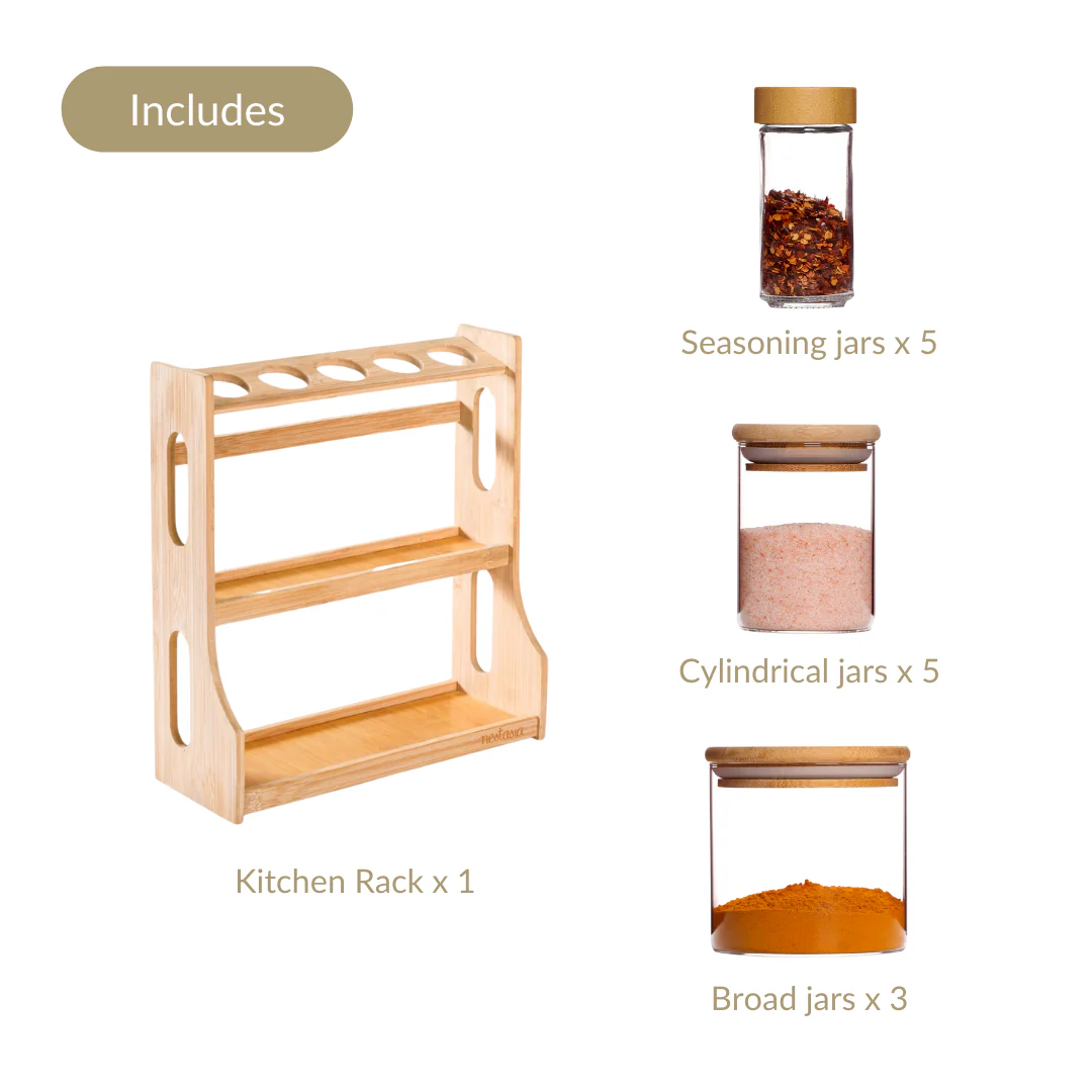 Airtight Spice Jars Set of 13 With Wooden Kitchen Organiser Rack - Image 6