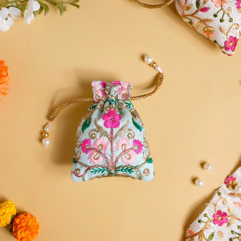 Aiyana Zari Floral Patterned Shagun Potli Bag Set Of 2 - Image 10