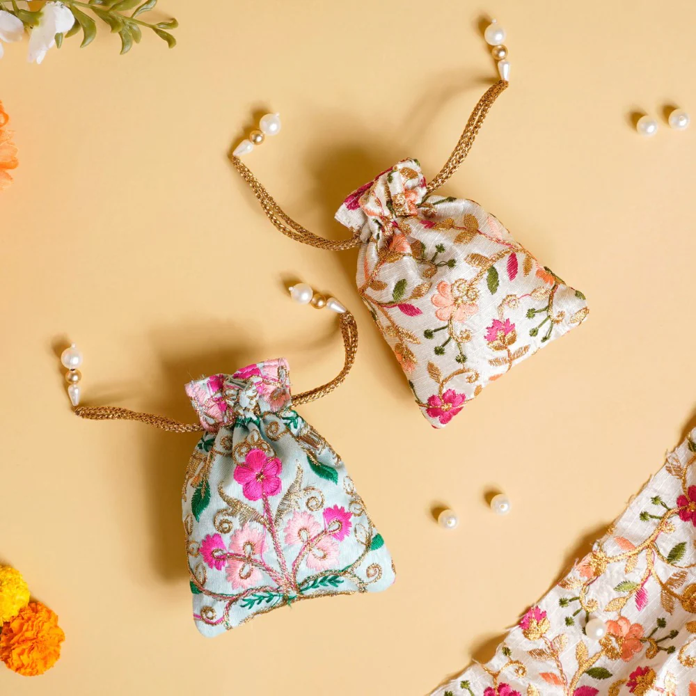 Aiyana Zari Floral Patterned Shagun Potli Bag Set Of 2 - Image 13
