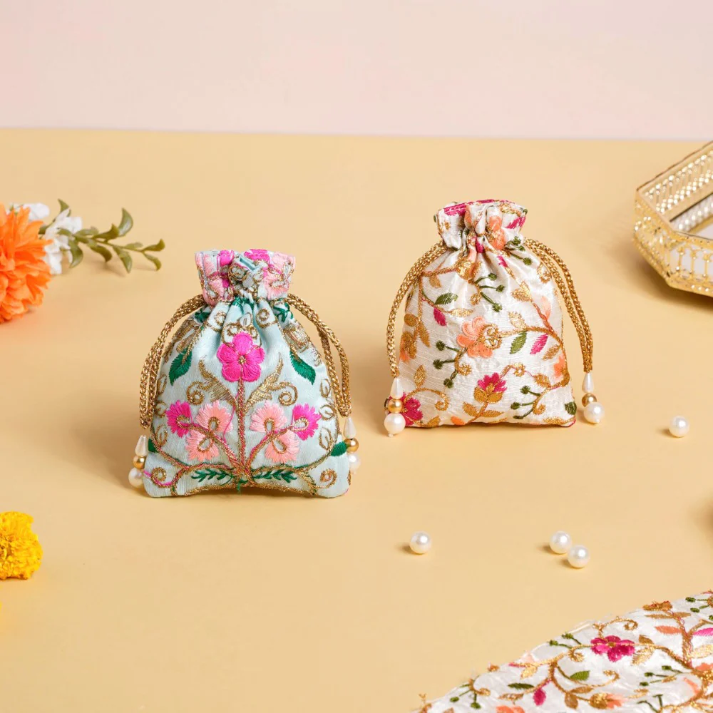 Aiyana Zari Floral Patterned Shagun Potli Bag Set Of 2 - Image 3