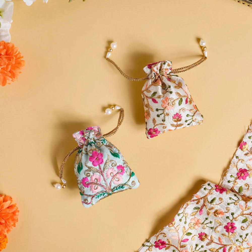 Aiyana Zari Floral Patterned Shagun Potli Bag Set Of 2 - Image 7