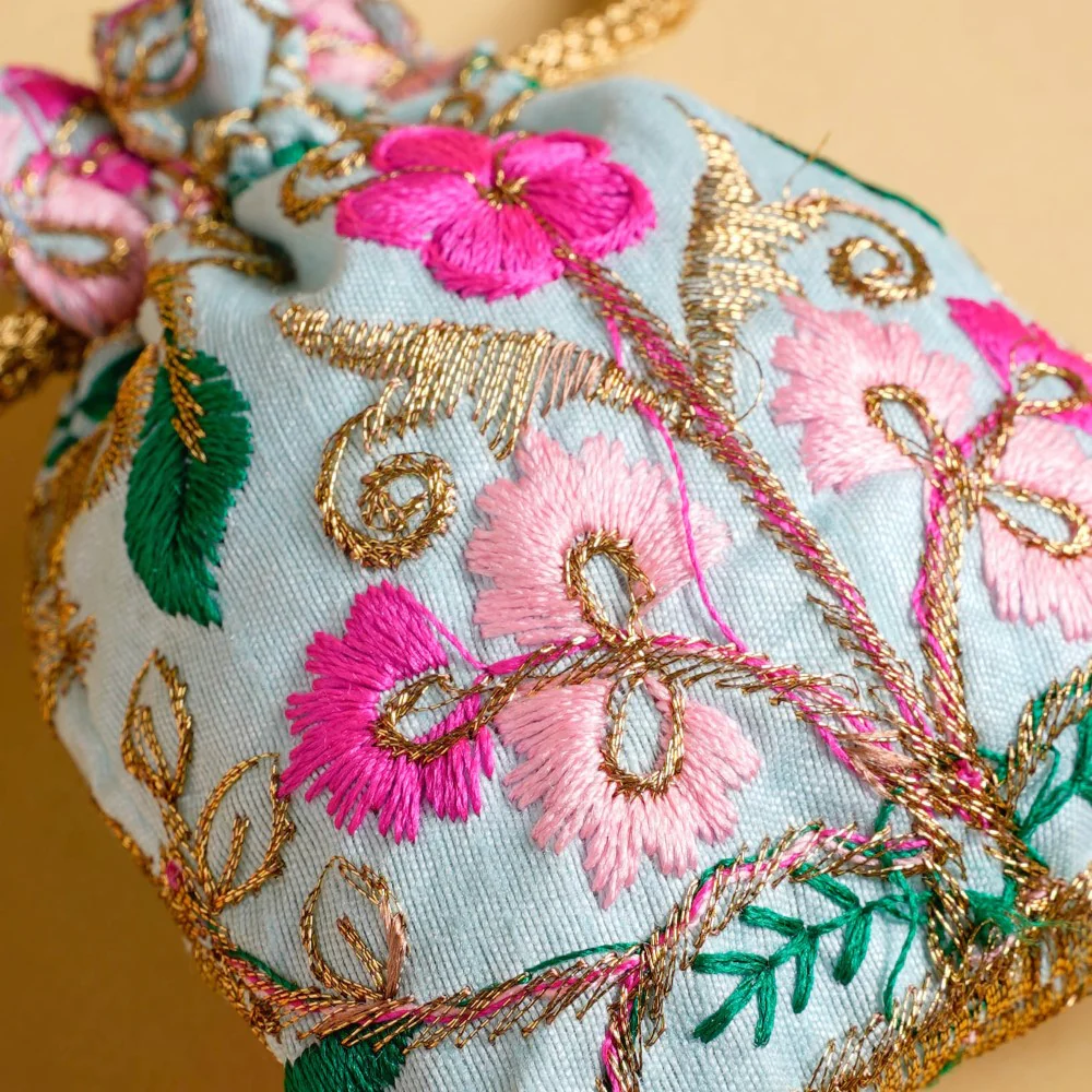 Aiyana Zari Floral Patterned Shagun Potli Bag Set Of 2 - Image 9
