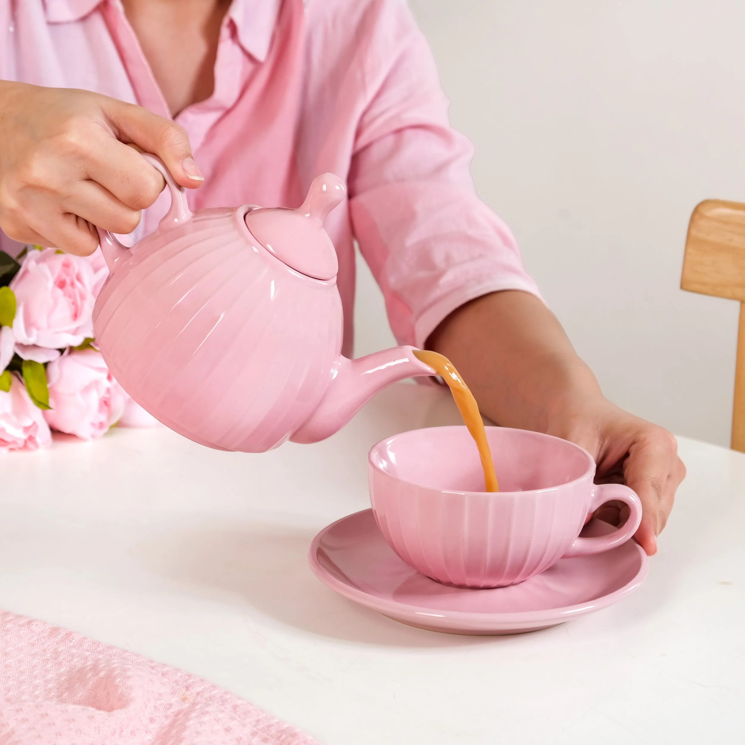Ambrosia Ceramic Tea Kettle Cup And Saucer Set For 1 Pink - Image 2