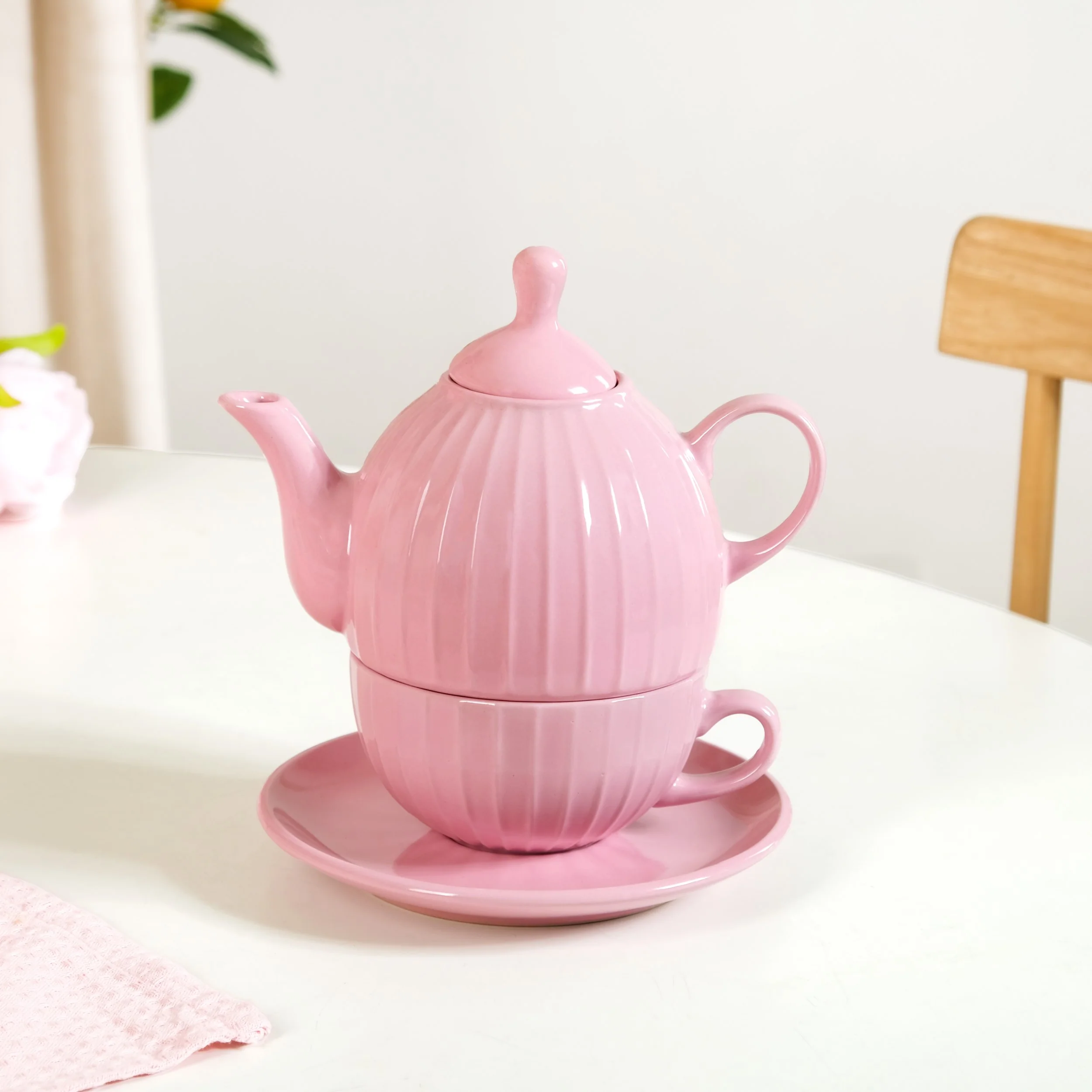 Ambrosia Ceramic Tea Kettle Cup And Saucer Set For 1 Pink - Image 3
