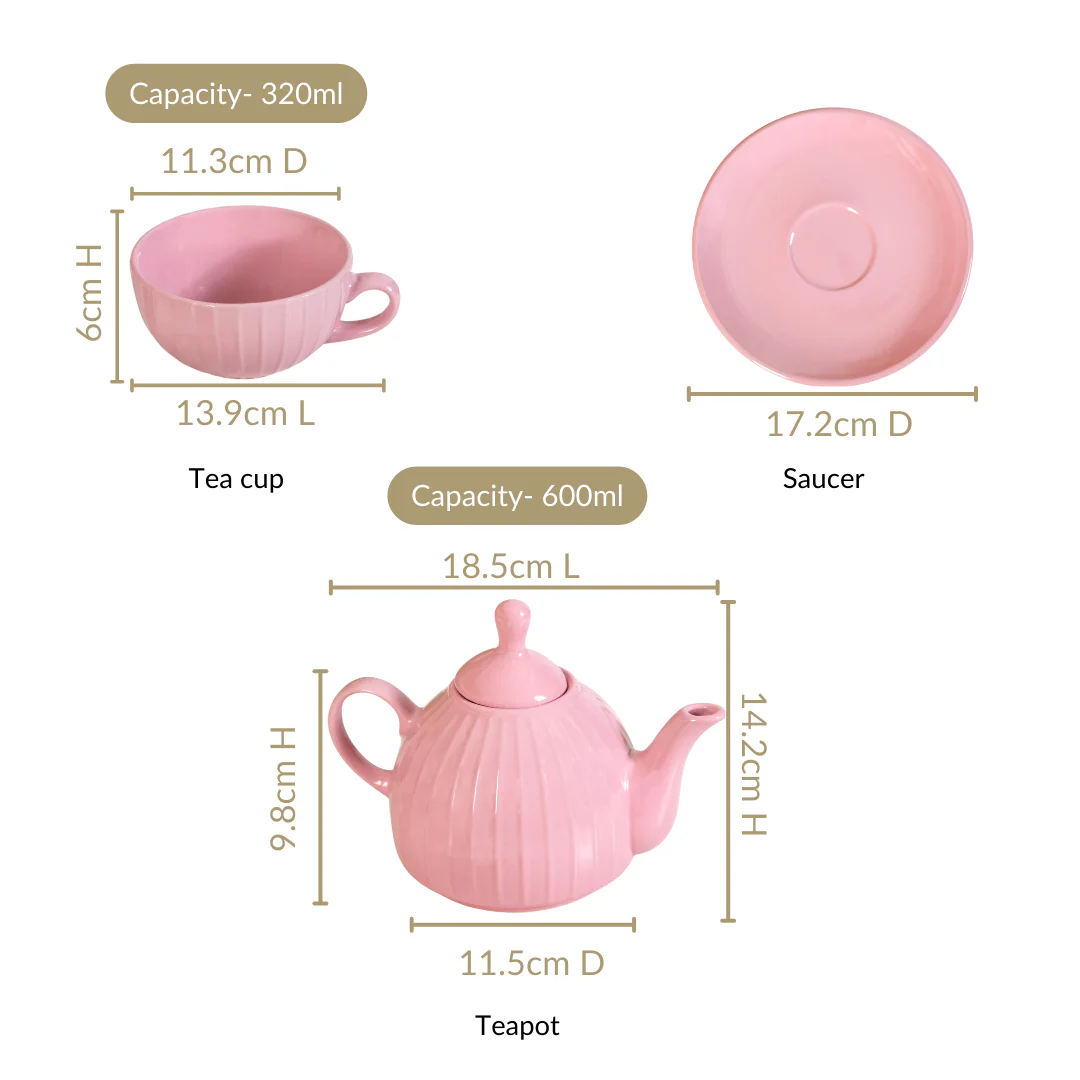 Ambrosia Ceramic Tea Kettle Cup And Saucer Set For 1 Pink - Image 5