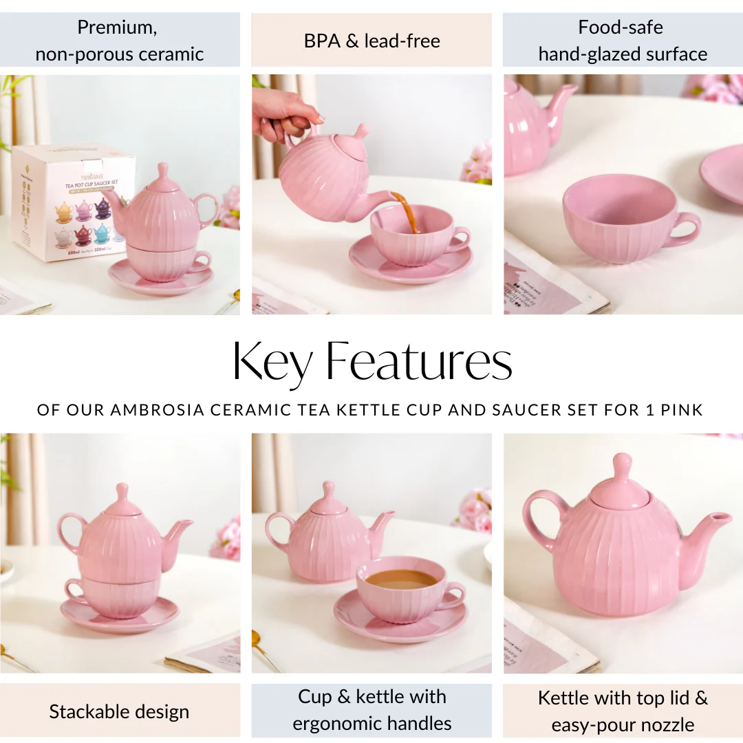 Ambrosia Ceramic Tea Kettle Cup And Saucer Set For 1 Pink - Image 6