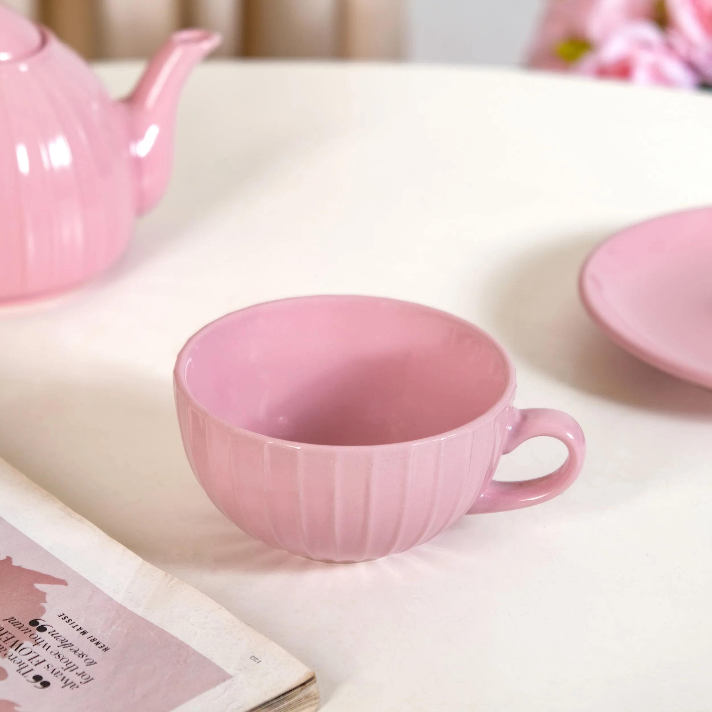 Ambrosia Ceramic Tea Kettle Cup And Saucer Set For 1 Pink - Image 8