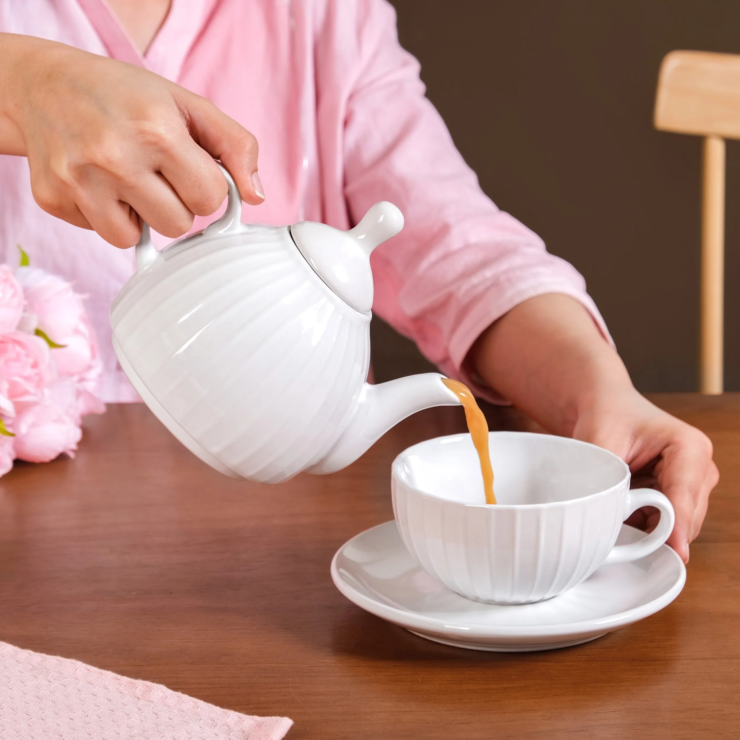 Ambrosia White Ceramic Teapot With Cup And Saucer - Image 2