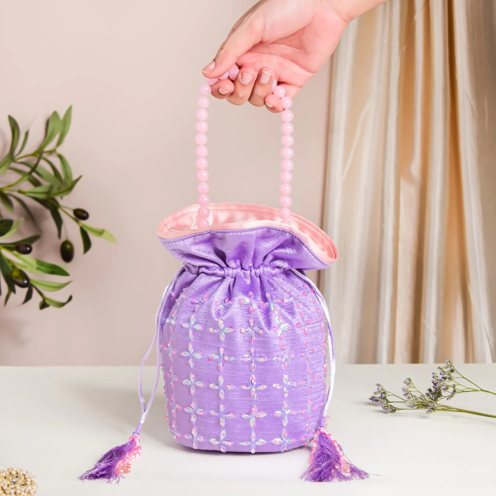 Amyra Sequins Floral Potli Bag Lavender - Image 4
