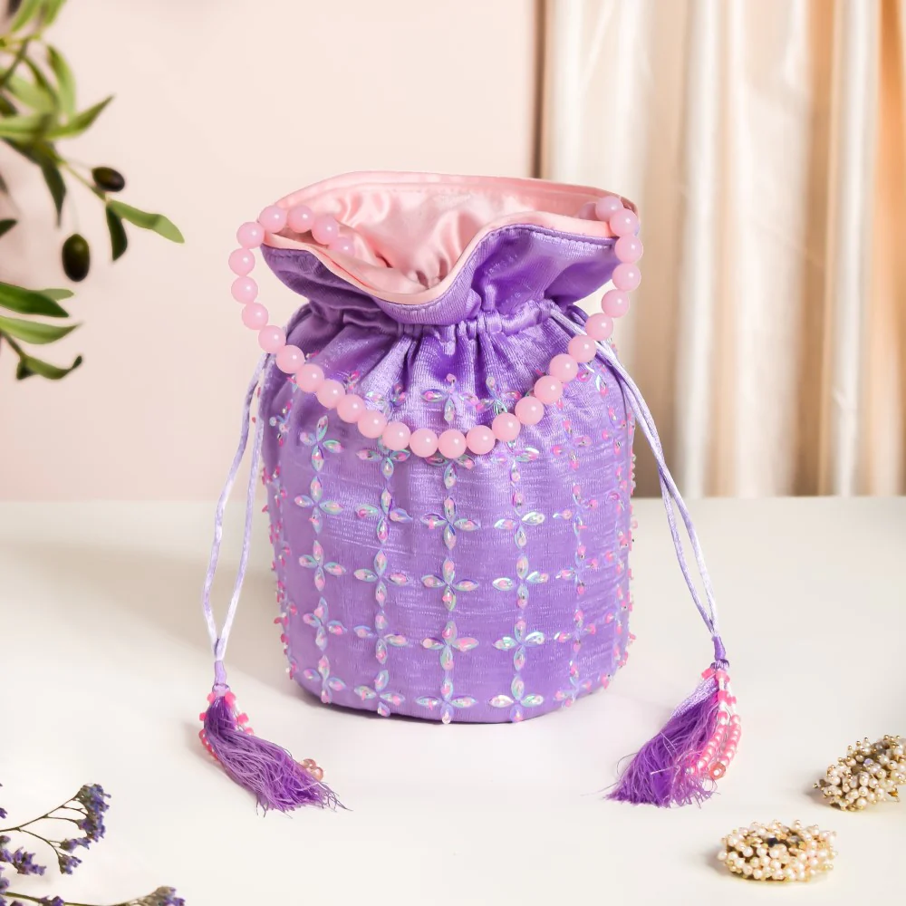 Amyra Sequins Floral Potli Bag Lavender - Image 6