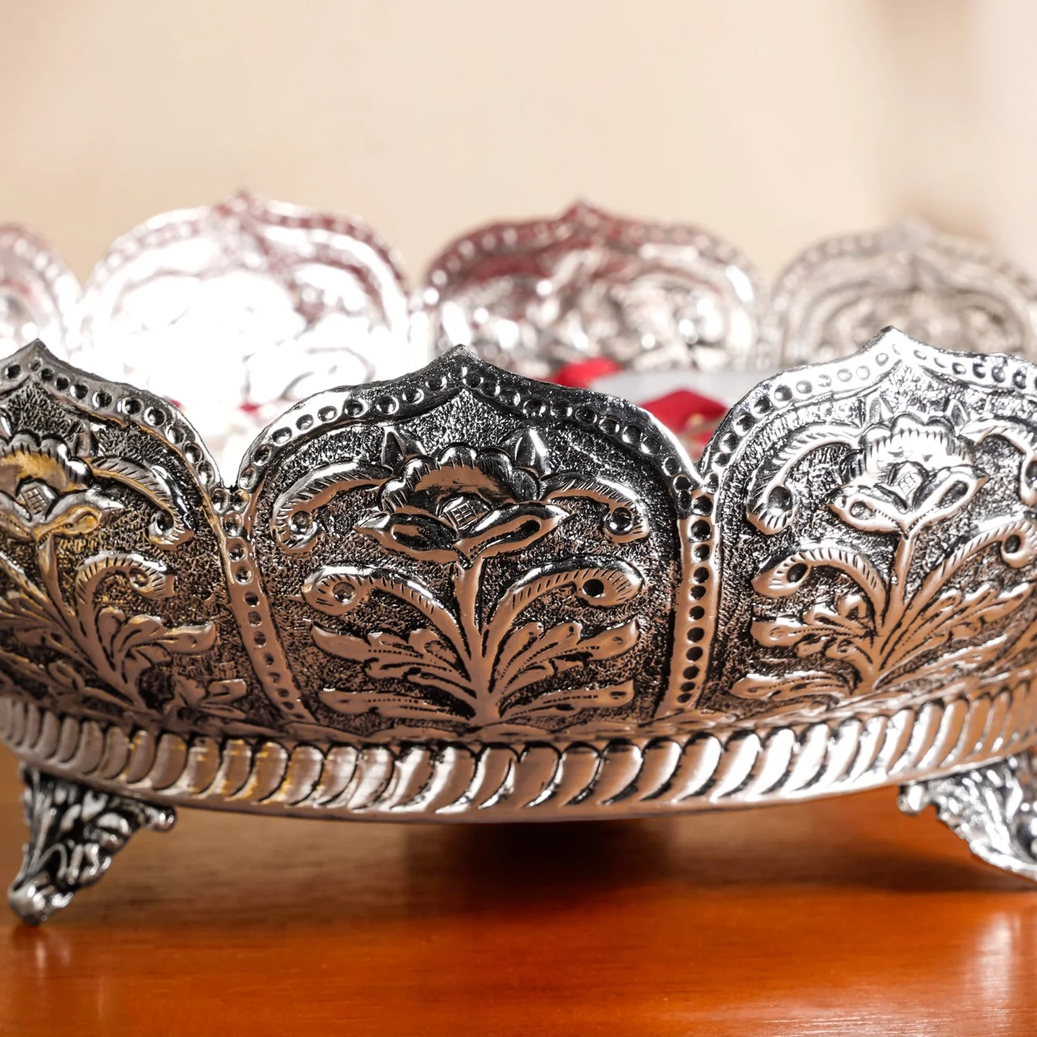 Antique Engraved Pure Brass Urli With Silver Polish 22cm - Image 5