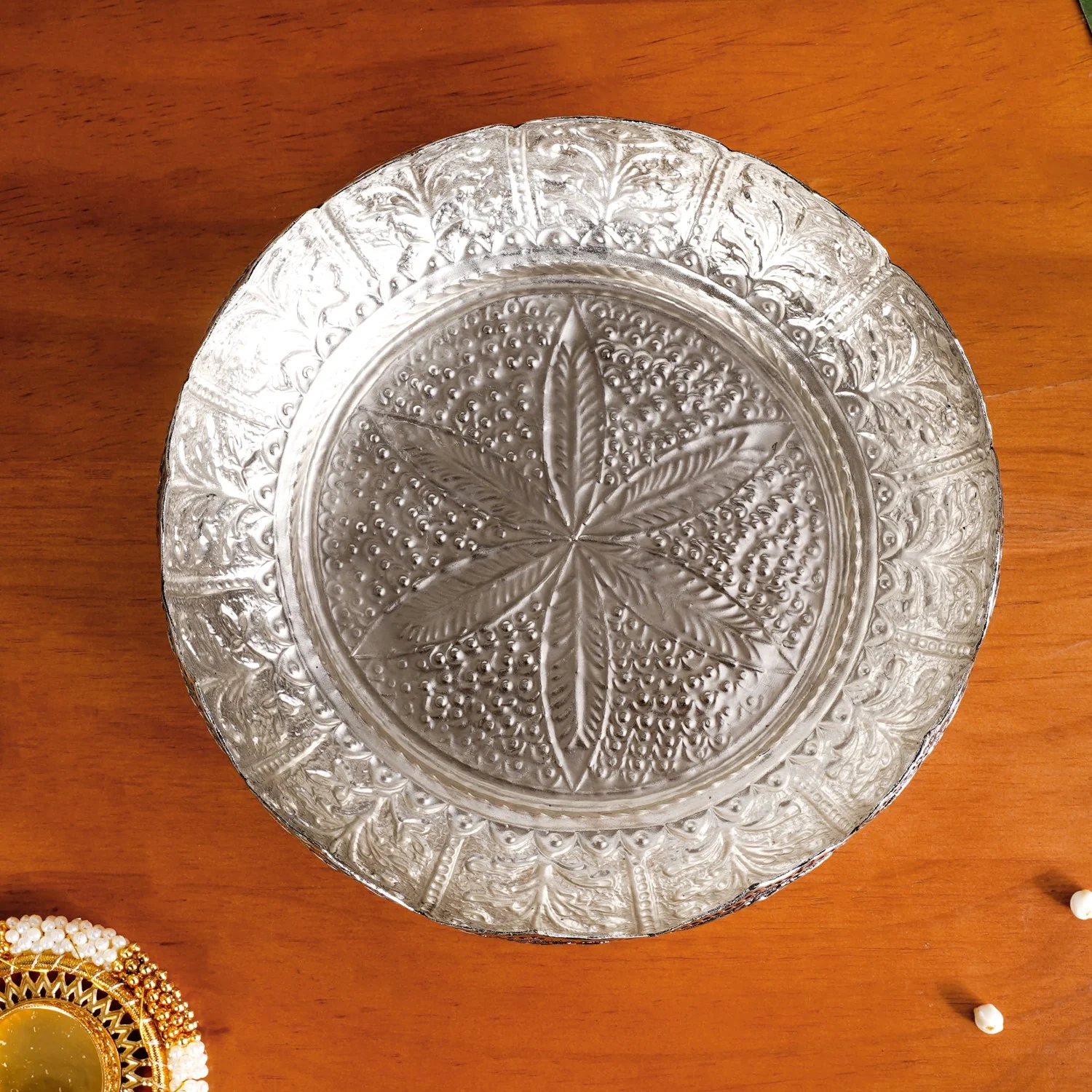 Antique Engraved Pure Brass Urli With Silver Polish 22cm - Image 6