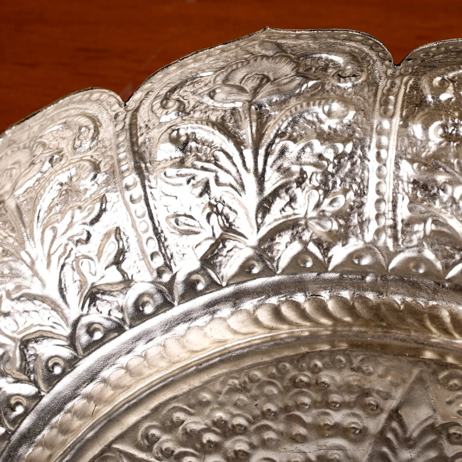 Antique Engraved Pure Brass Urli With Silver Polish 22cm - Image 7