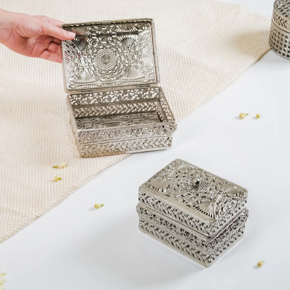 Antique Metal Gift Box Silver Set Of 2 - Image 2