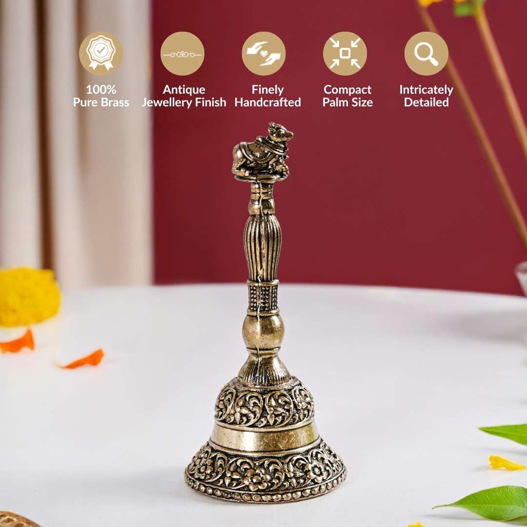 Antique Pure Brass Nandi Pooja Ghanti With Gift Box 10cm - Image 2