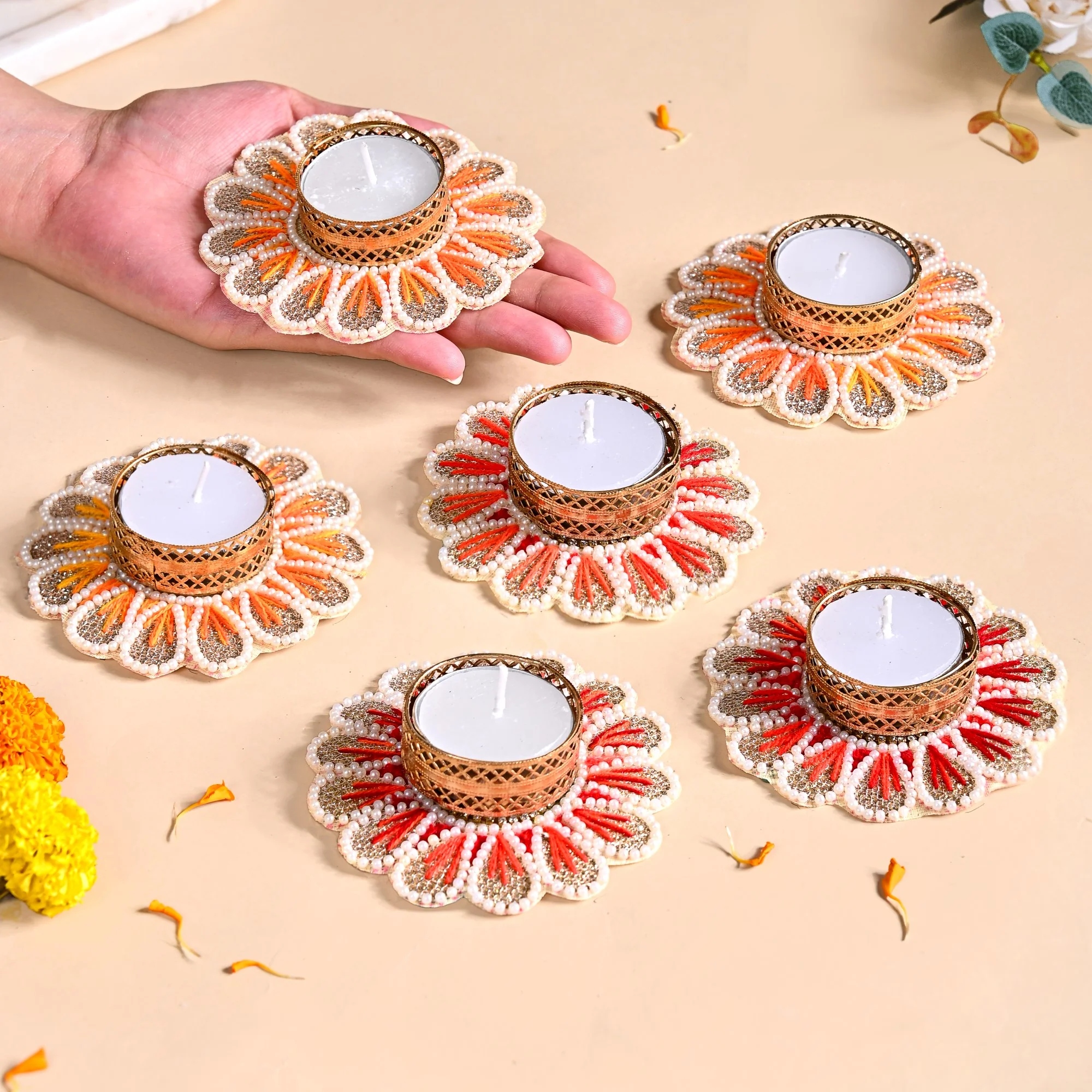 Applique Petal Tea Light Holders With Faux Pearls Set Of 6 - Image 2