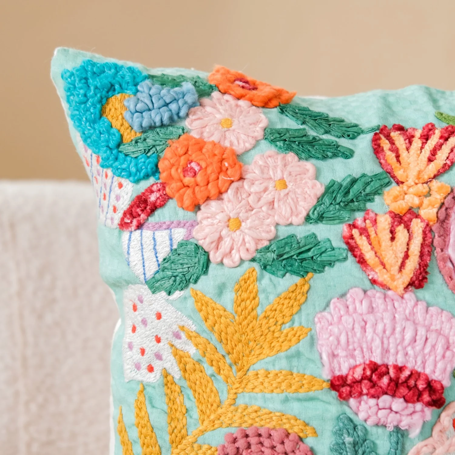 Aqua Embroidered Cushion Cover Multicolour 16x16 Inch - Image 2