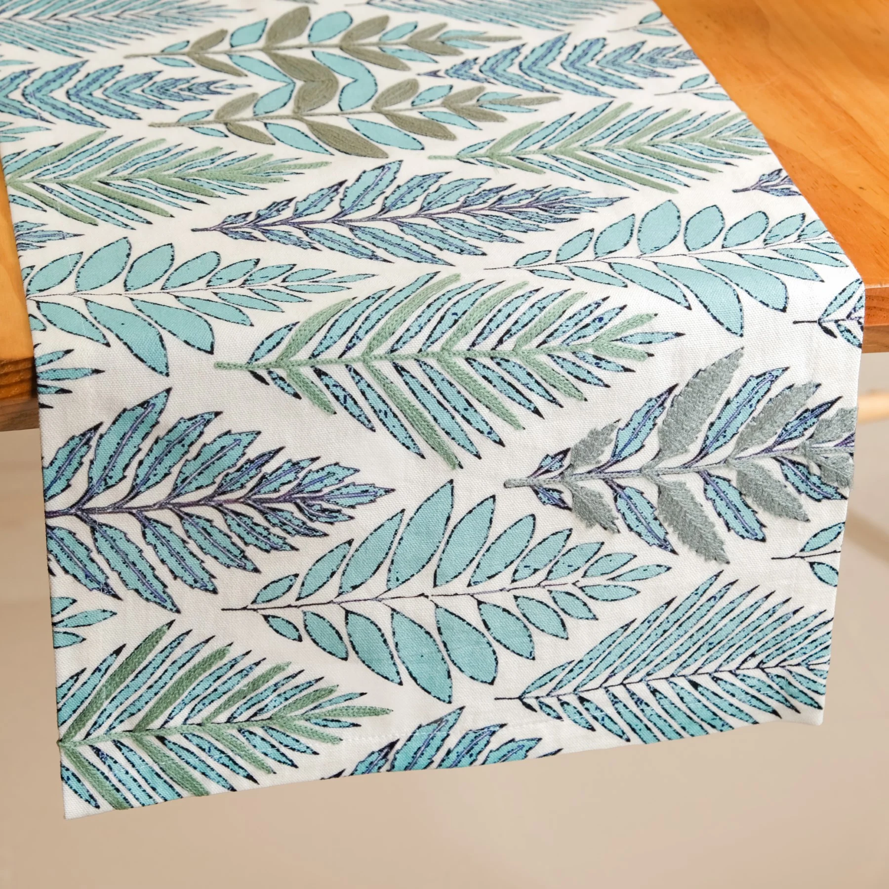 Aqua Fern Embroidered Cotton Table Runner 202x33cm - Image 6