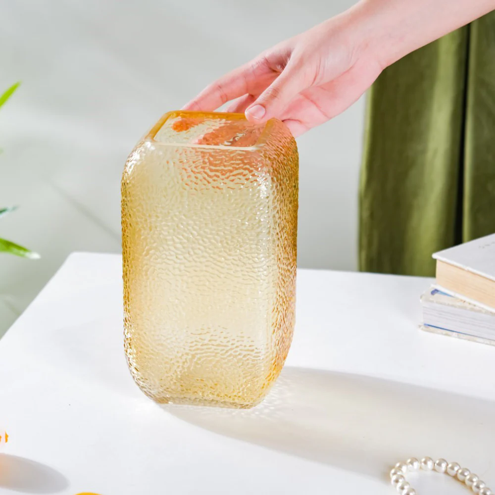 Art Deco Pebble Patterned Glass Vase Amber 7.5 Inch - Image 2