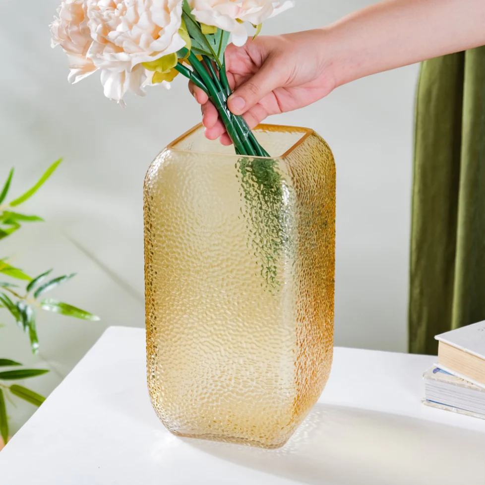Art Deco Pebble Patterned Glass Vase Amber 9.5 Inch - Image 4