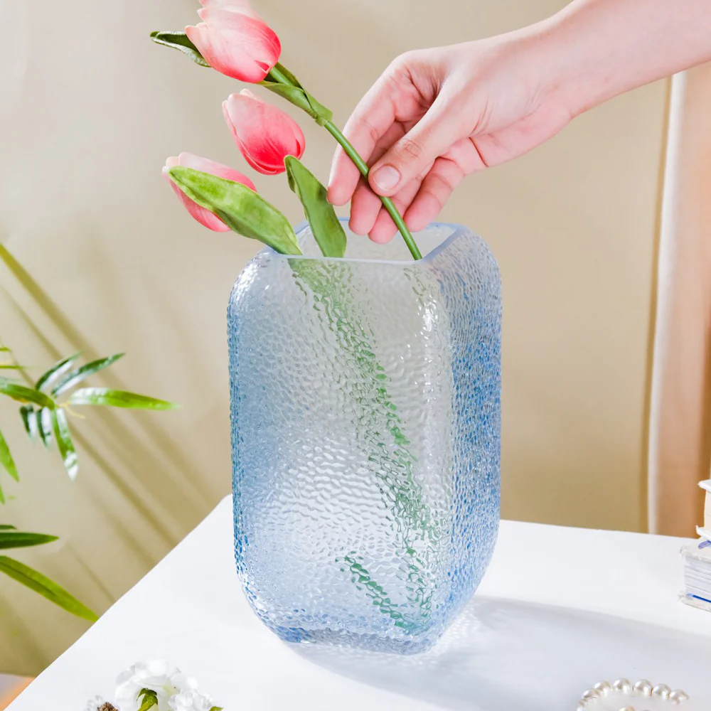 Art Deco Pebble Texture Glass Vase Blue 7.5 Inch - Image 4