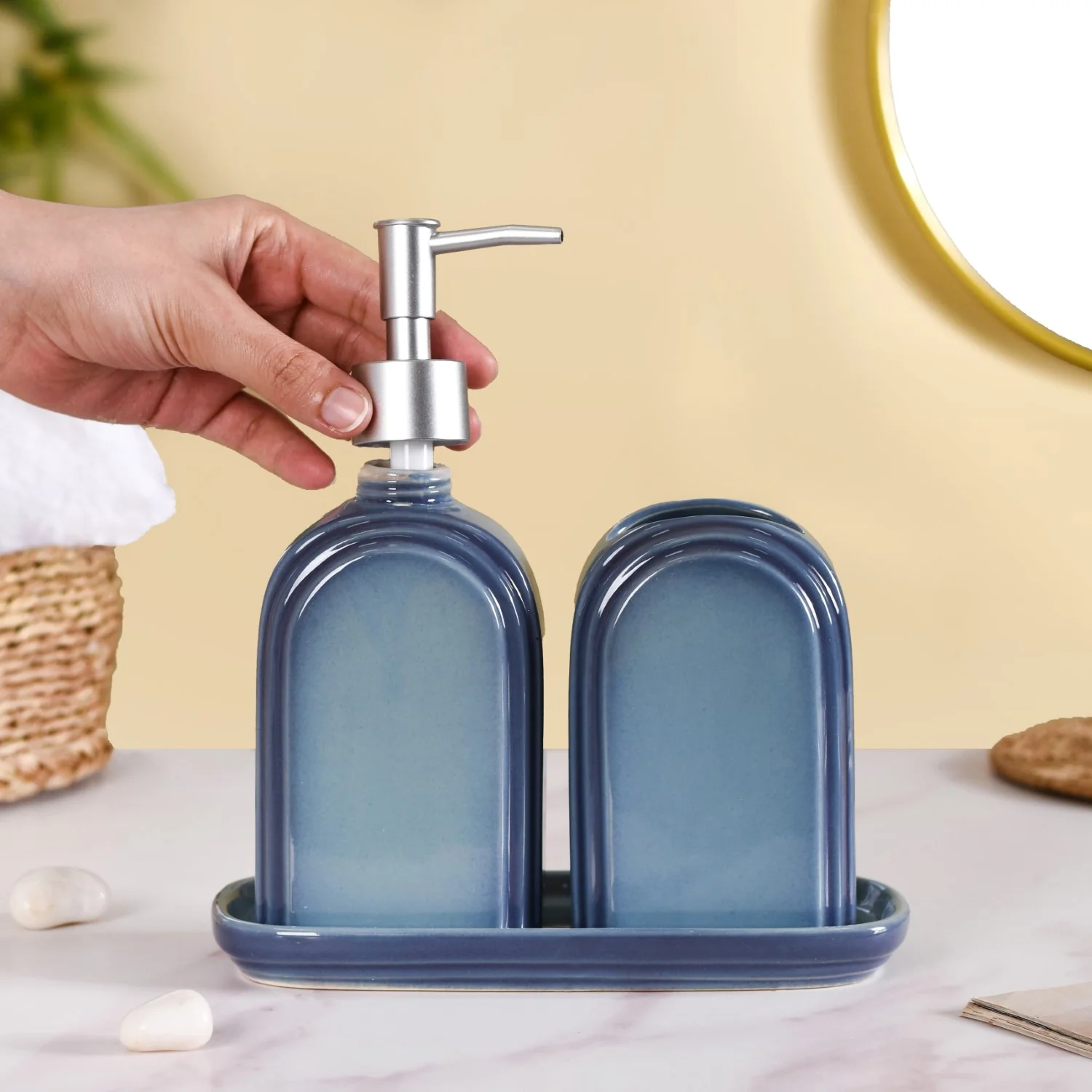Art Deco Stoneware Bathroom Set of 3 Ocean Blue - Image 2