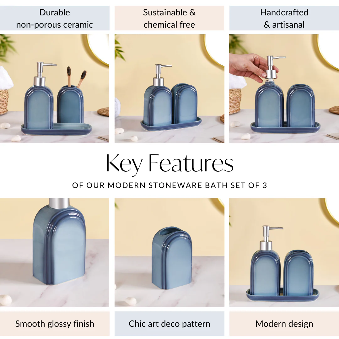 Art Deco Stoneware Bathroom Set of 3 Ocean Blue - Image 5