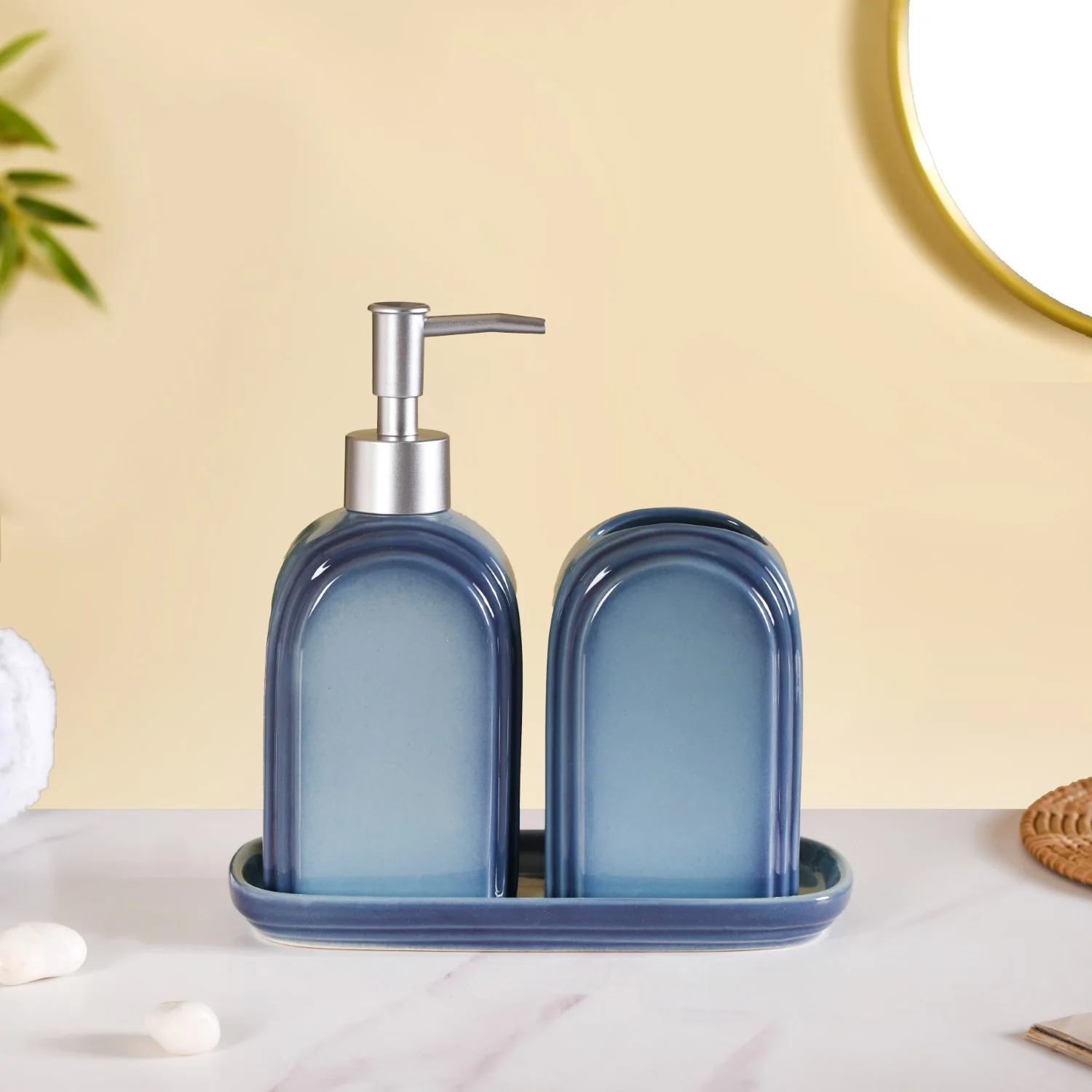 Art Deco Stoneware Bathroom Set of 3 Ocean Blue - Image 8