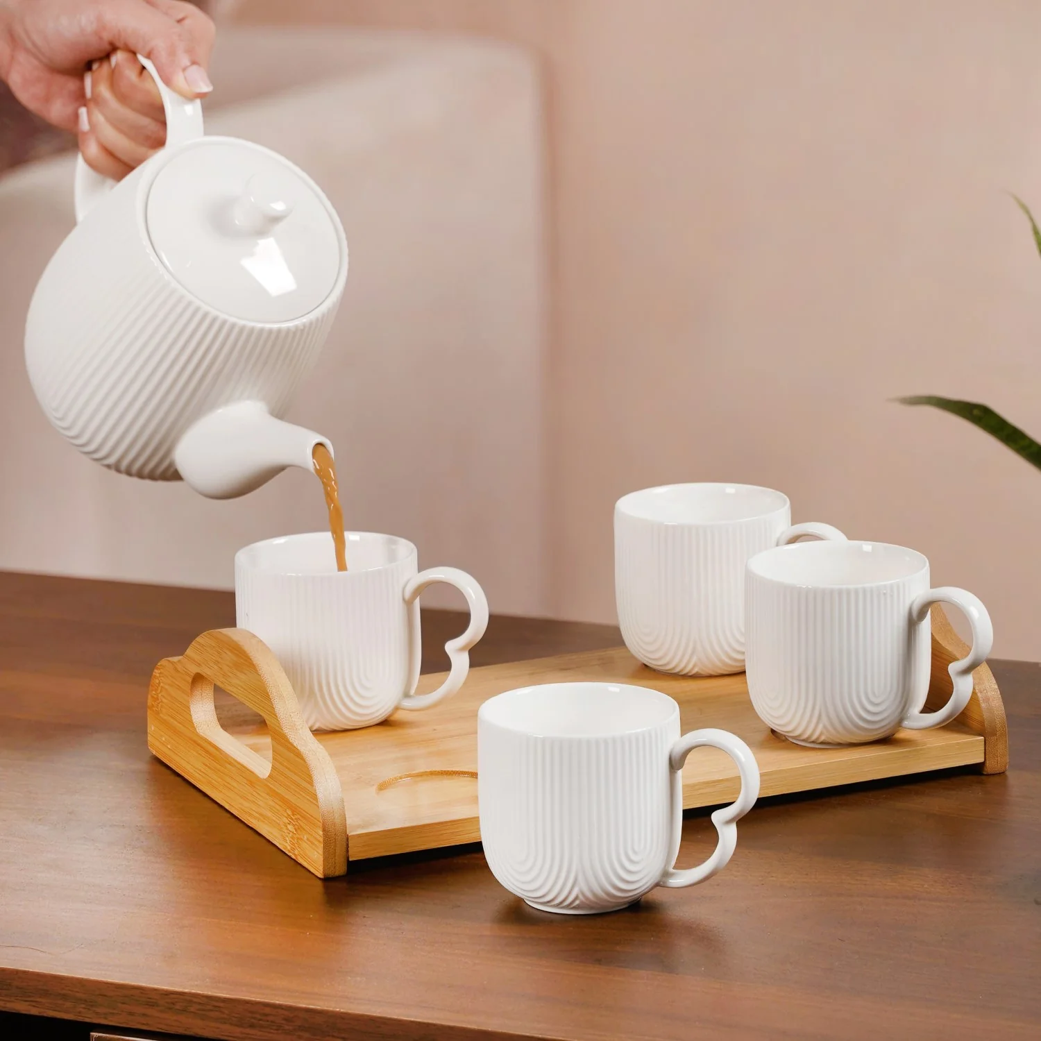 Art Deco Style Ceramic Tea Set With Wooden Serving Tray - Image 2